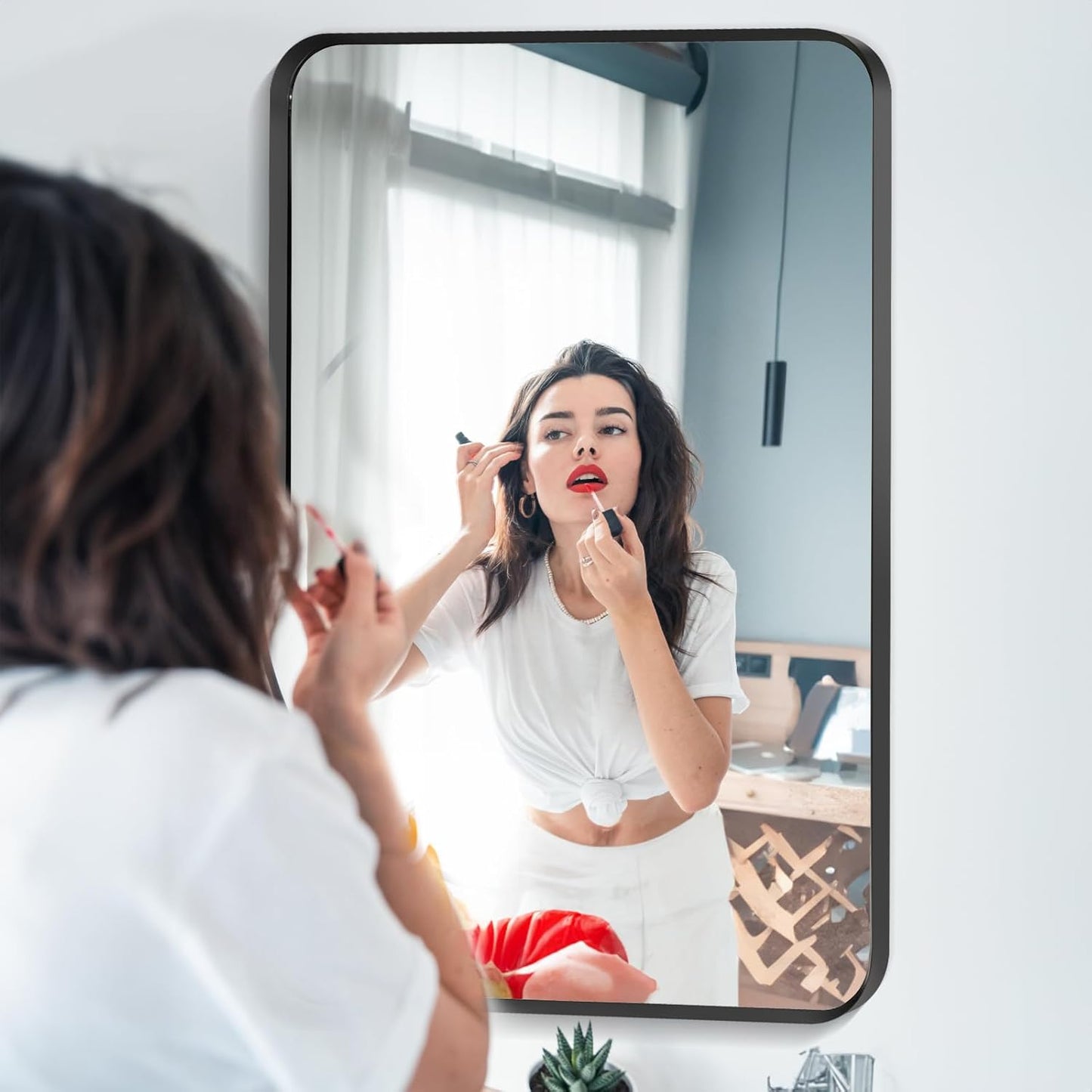 Wall Mount Mirror for Bathroom, Brush Black Metal Framed Rounded Corner Rectangular Vanity Mirror (16" x 20", Black)