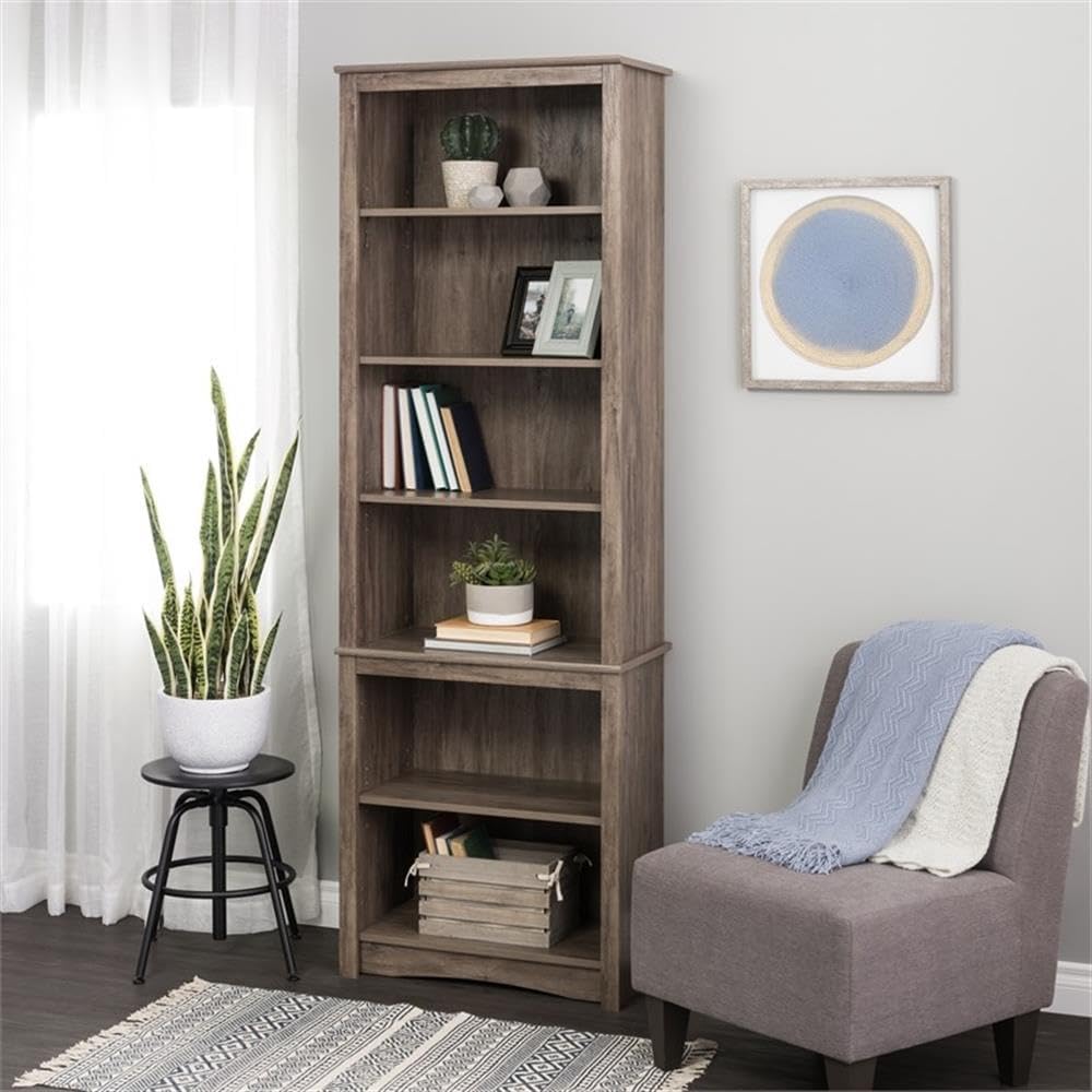 Prepac Sonoma Tall 6-Tier Bookcase 80"H with 2 Adjustable Shelves, Drifted Gray Storage Cabinet, Modern Display Cabinet, Bookshelf with Storage Shelves for Home Office, Living Room, Bedroom Organizer