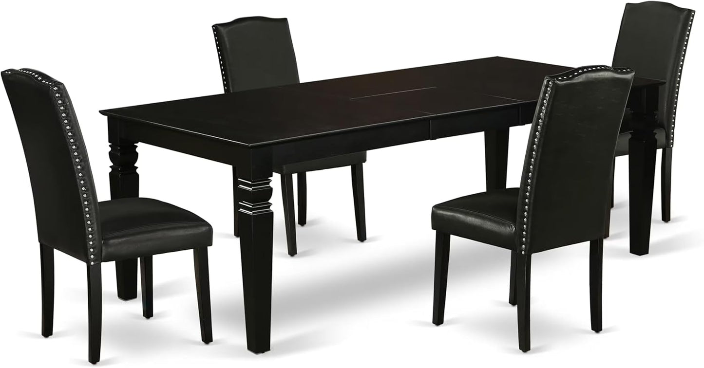 East West Furniture LGEN5-BLK-69 5 Piece Dining Table Set Includes a Rectangle Dining Room Table with Butterfly Leaf and 4 Black Faux Leather Parsons Chairs, 42x84 Inch, Black
