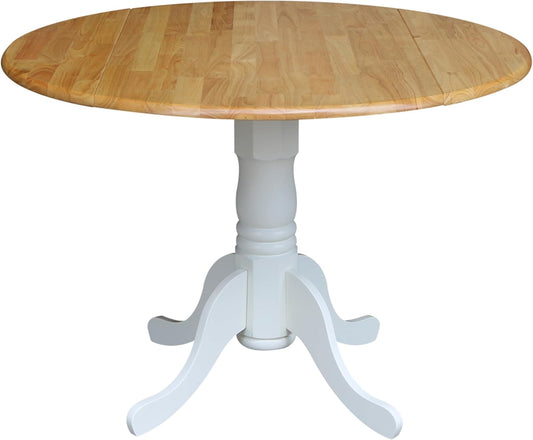 42" Round Dual Drop Leaf Pedestal Dining Table, Solid Wood, Easy Assembly, 20mm Top Thickness, Kitchen/Dining Room, Includes Two 9" Drop Leaves, Durable Parawood Construction, Unfinished