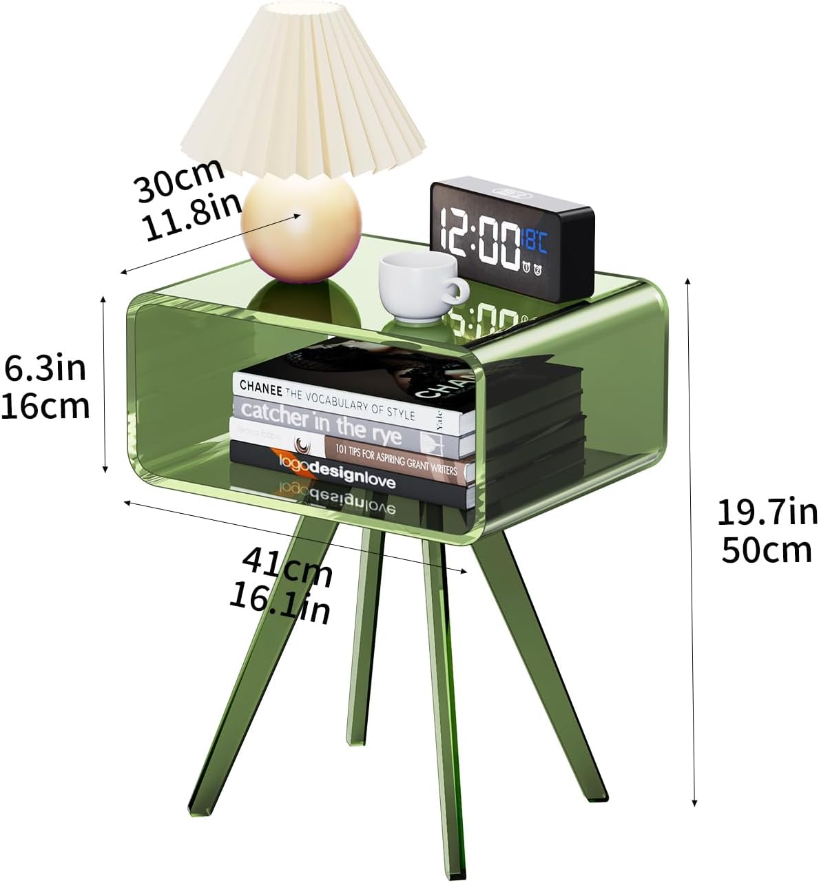 Acrylic Side Table, Acrylic Nightstand Bedside Table for Bedroom (Green, 16.1'' x 11.8'' x 19.7'')
