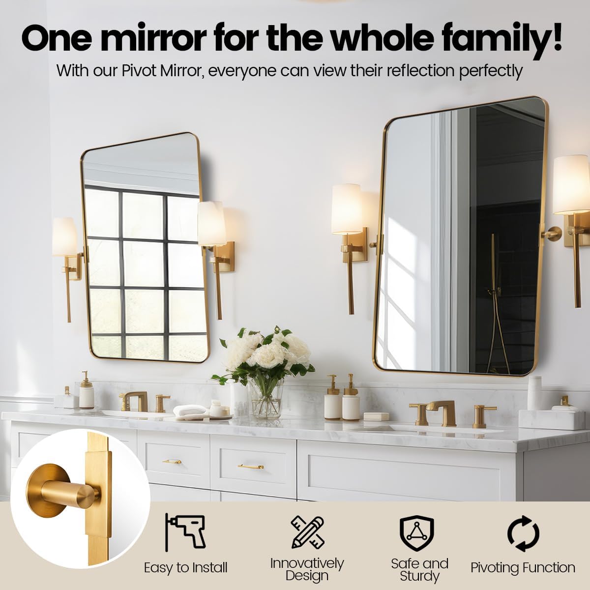 MOON MIRROR 20" x 28" Brushed Gold Metal Framed Pivot Rectangle Bathroom Mirror for Wall, Tilting Rounded Rectangular Vanity Mirror Hangs Vertical only