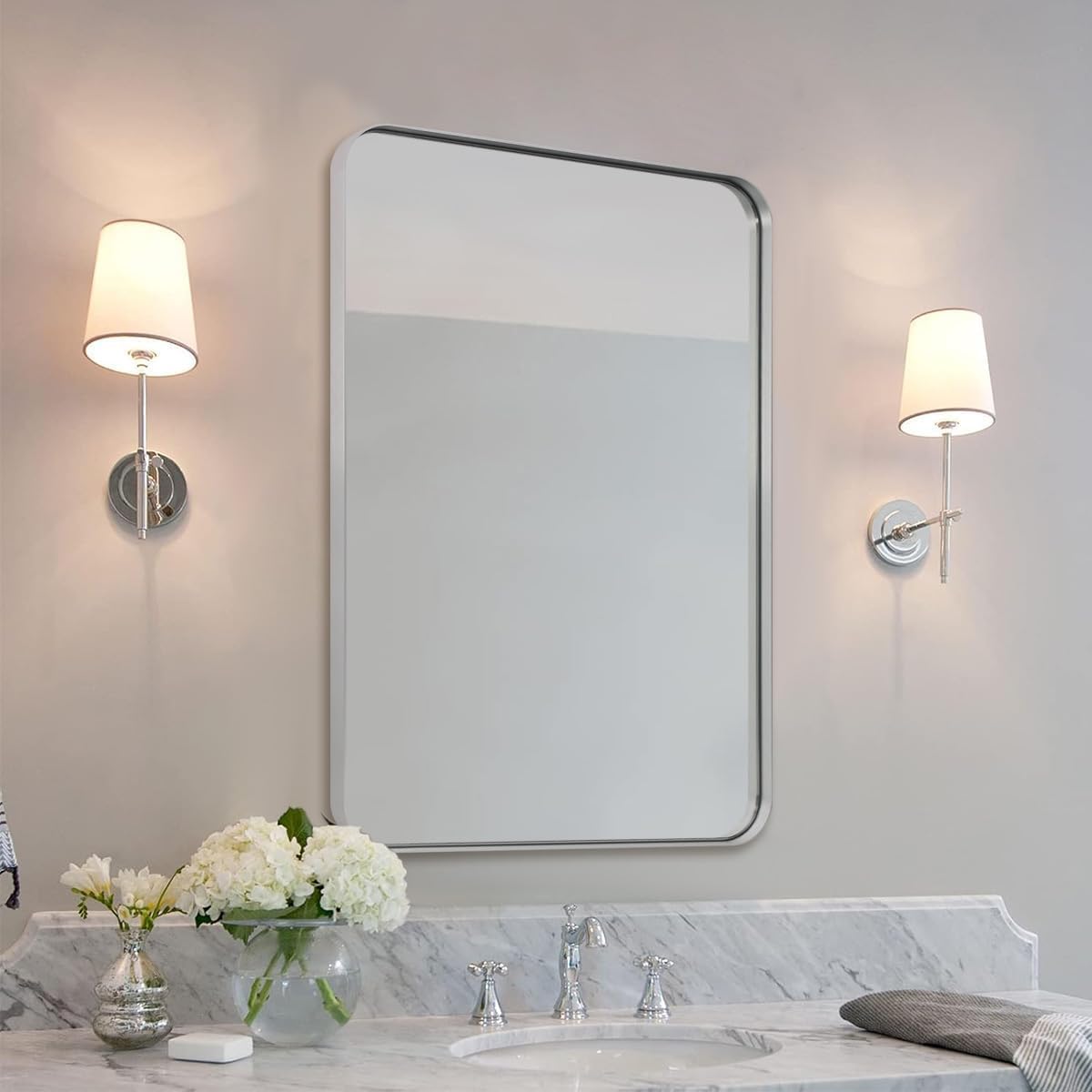 ANDY STAR Chrome Mirror for Bathroom, 30x36 Metal Frame Wall Mirror with Rounded Corner, Modern Rectangle Bathroom Vanity Mirror with Polish Finish…