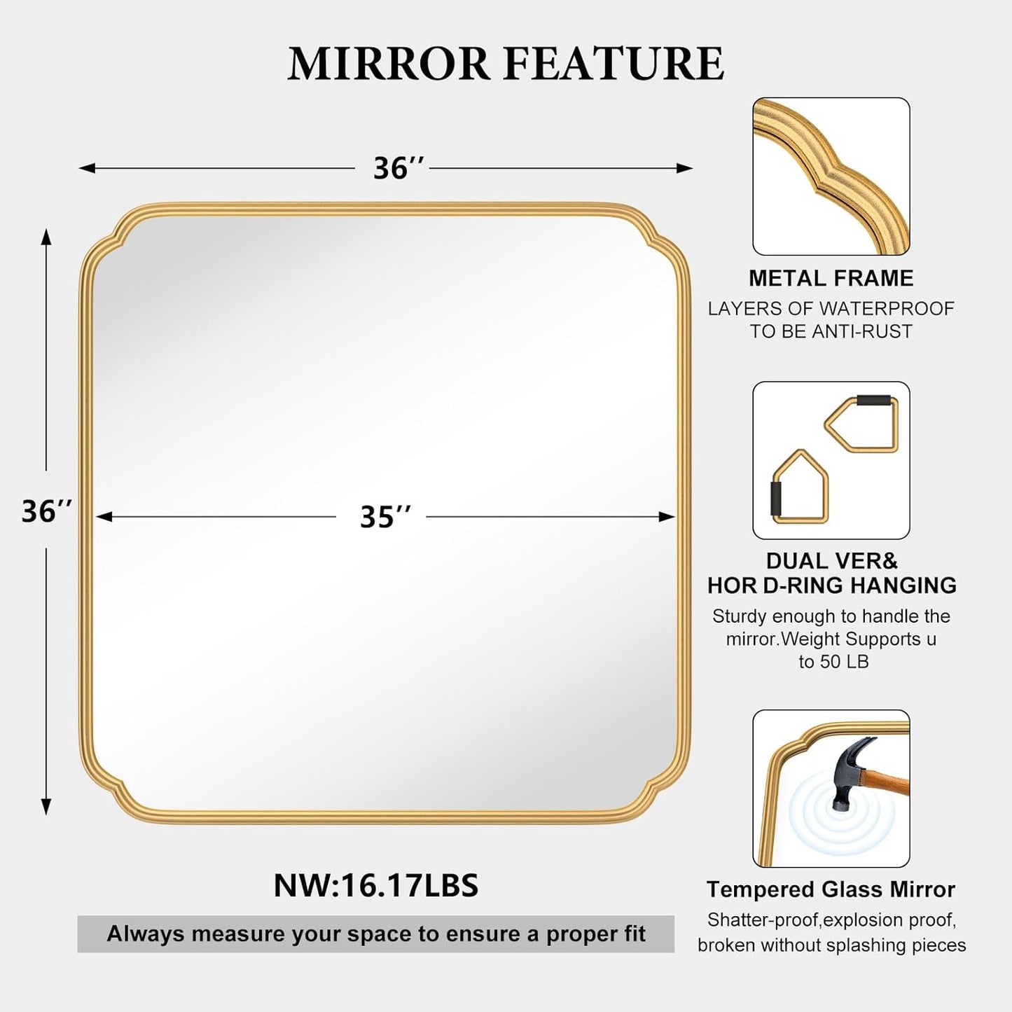 Gold Bathroom Mirror for Wall 36" x 36" Square Bathroom Vanity Mirror Farmhouse, Large Rounded Rectangle Mirror, Anti-Rust, Tempered Glass, Hangs Horizontally or Vertically