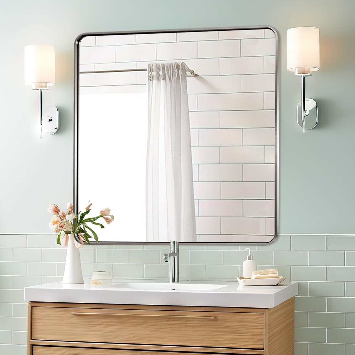 ANDY STAR 36x36 Inch Brushed Nickel Bathroom Mirror, Rounded Square Bathroom Vanity Mirrors for Wall, Anti-Rust SUS304, Seamless Tube Metal Frame, 1’’ Deep Wall Mounted Vertically/Horizontal