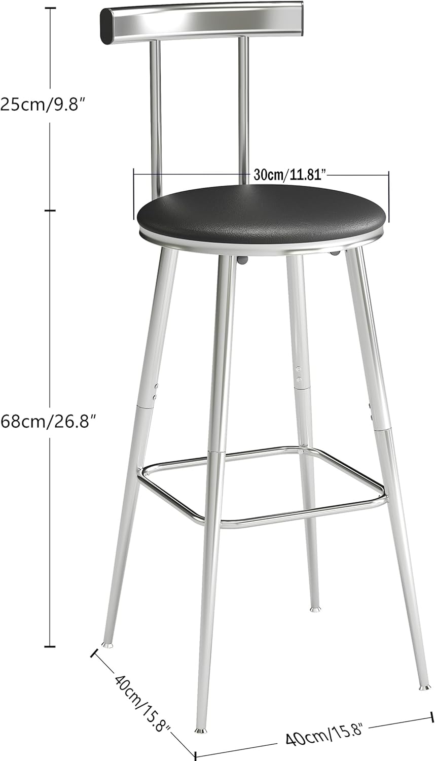 Bar Stools, Set of 2 High Kitchen Barstools, Bar Chairs with Backrest and Footrest, Industrial Counter Stools with PU Soft seat, for Kitchen, Living Room, Pub, Silvery BS-011SI