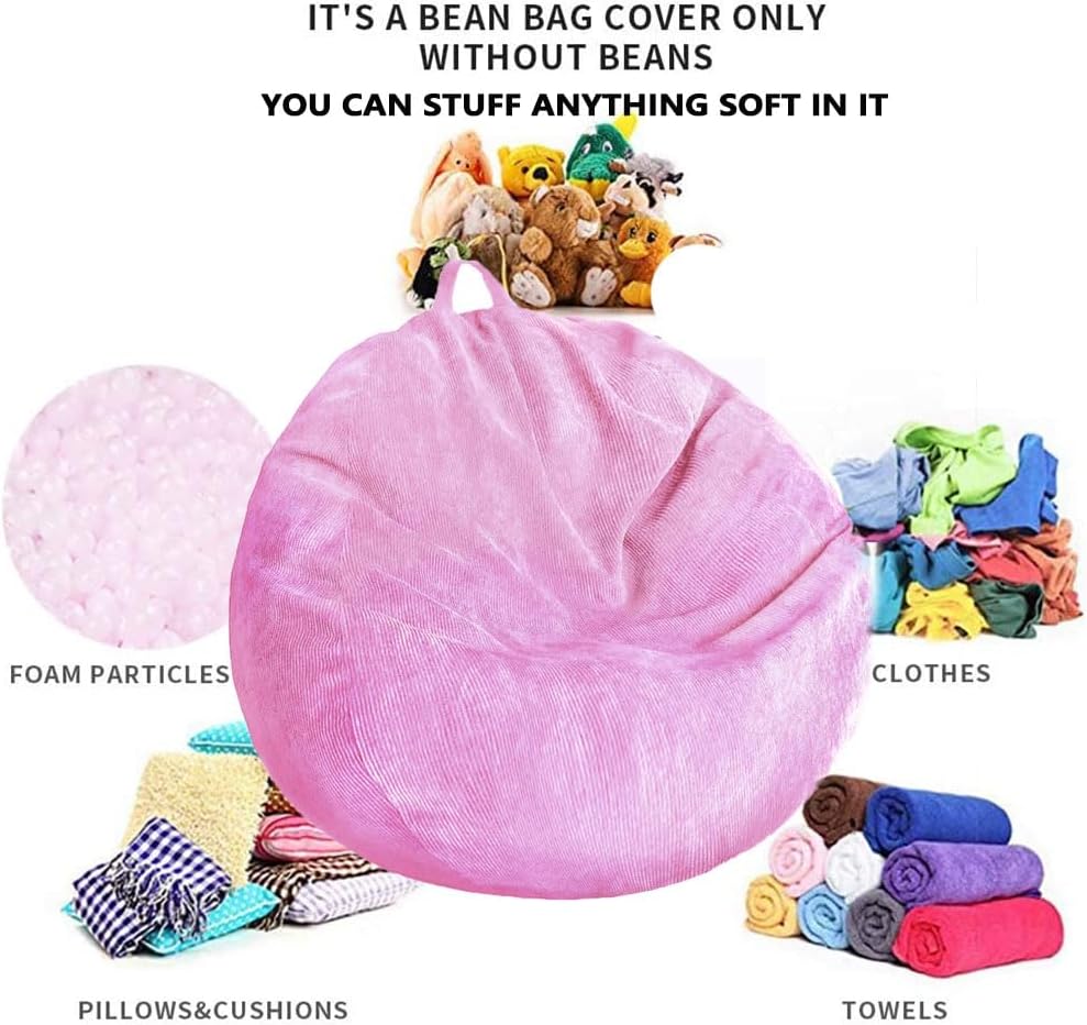 Kisoy Corduroy Bean Bag Cover (No Filler) - Washable, Ultra Soft, Pink, Solid, Round, Rolling, Storage Bag for Adults, Teens & Toys