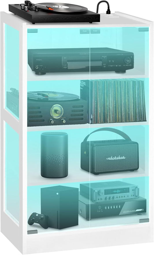 4-Tier Media Cabinet with LED Lighting, Audio/Video Stand Featuring Built-in USB Ports and Electrical Outlets, Designed for Living Rooms and Gaming Spaces, Glass Doors