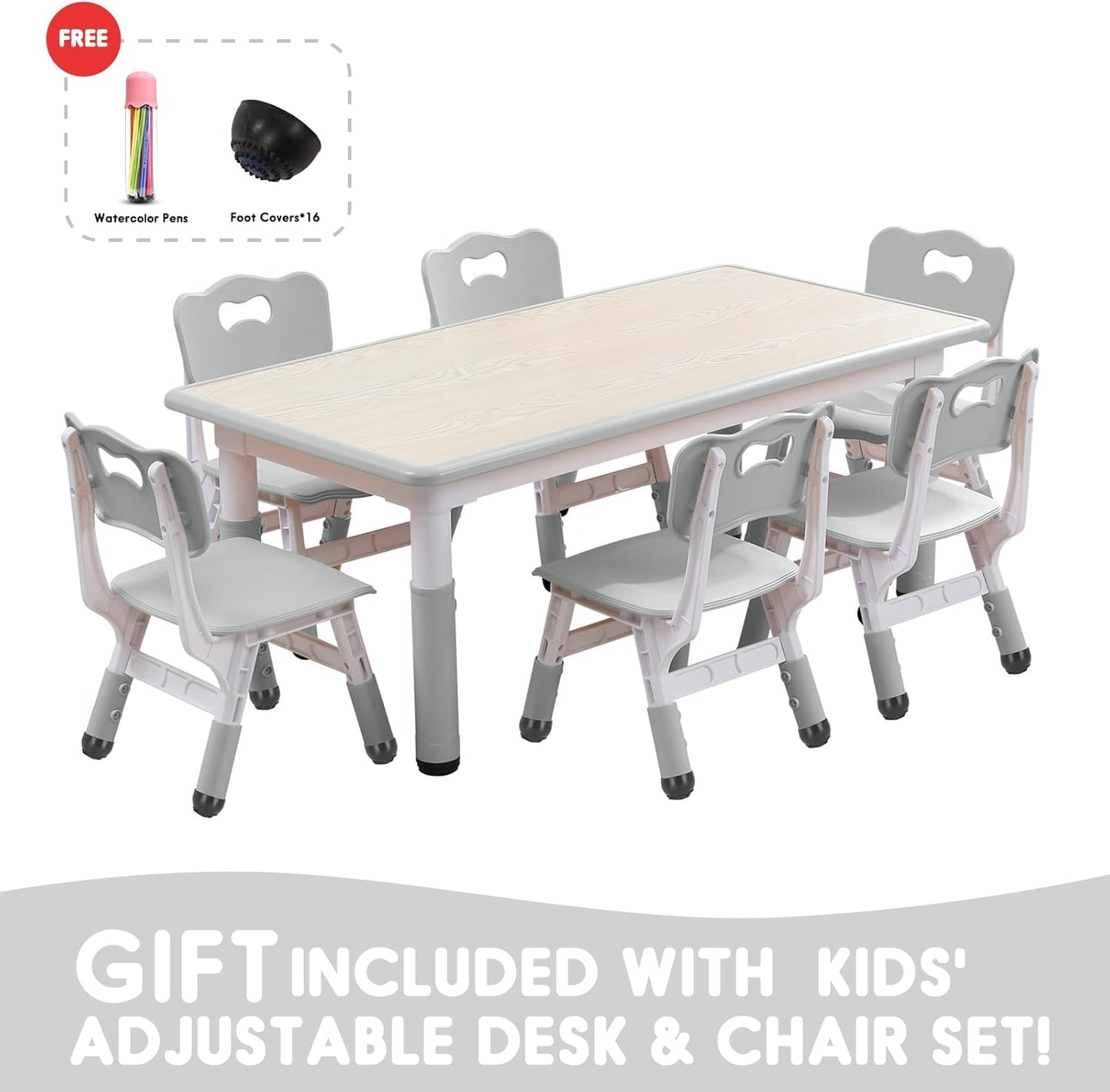 Kids Table and Chairs Set, Height Adjustable Desk With 6 Seats for Ages 2-12,Arts & Crafts Table,Graffiti Desktop, Non-Slip Legs, Max 300lbs, Children Multi-Activity Table for Classrooms,Daycares,Home