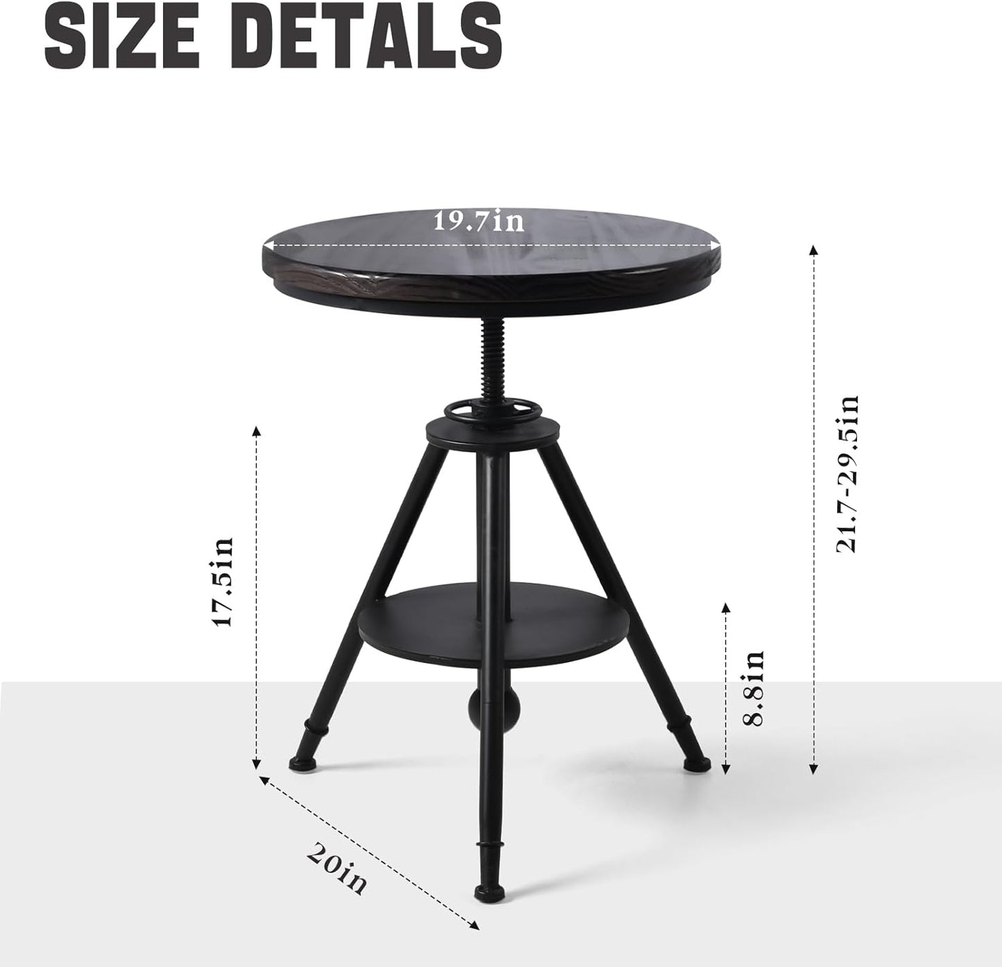 Industrial Vintage Cafe Farmhouse Dining Table - Rustic Round Wooden Top, Height Adjustable 21-29in