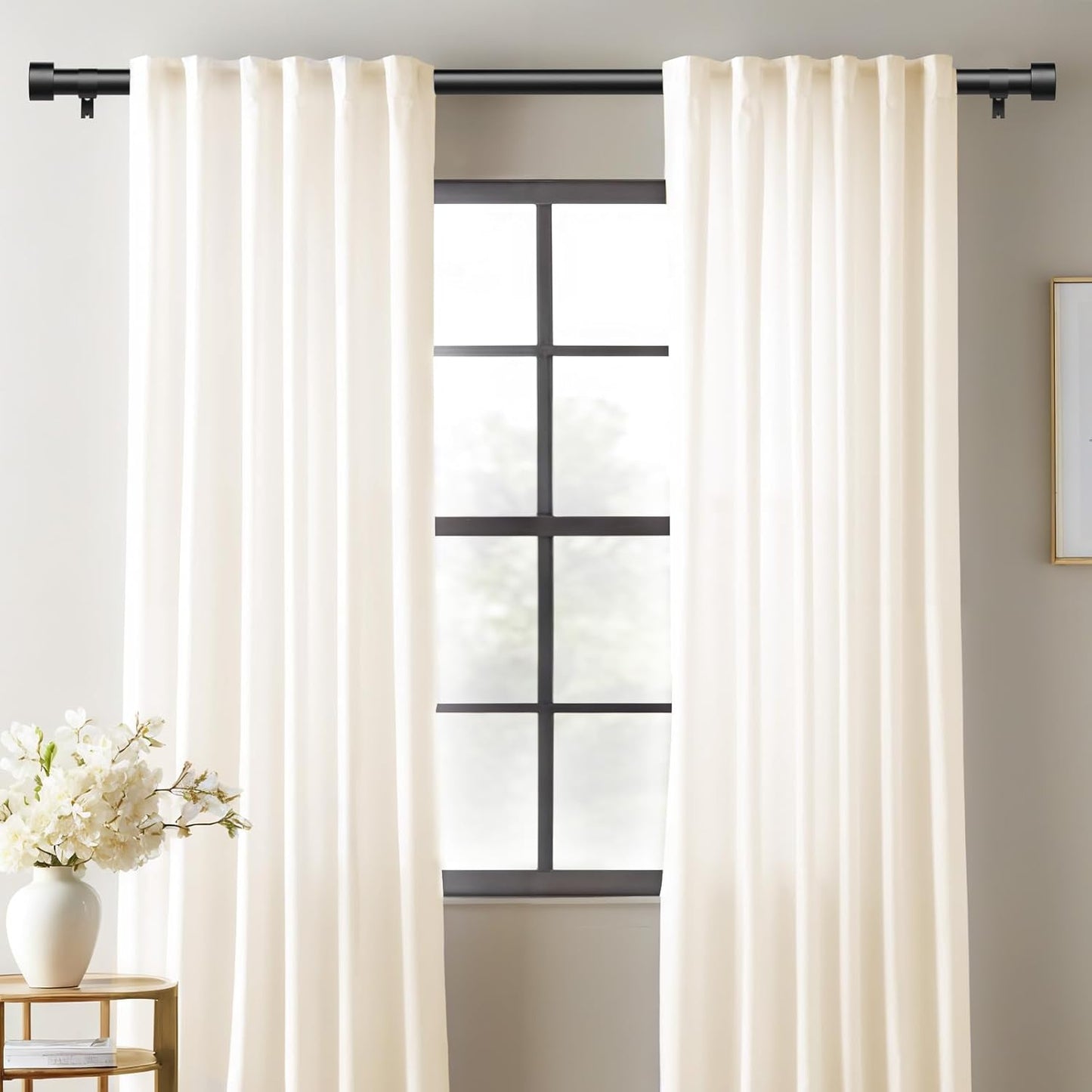 2 Pack Curtain Rods for Windows 48 to 84 Inch(4-7ft), 1 Inch Black Adjustable Heavy Duty Curtain Rod Set, Outdoor Long Drapery Rods for Patio Bedroom, Size 32"- 90"