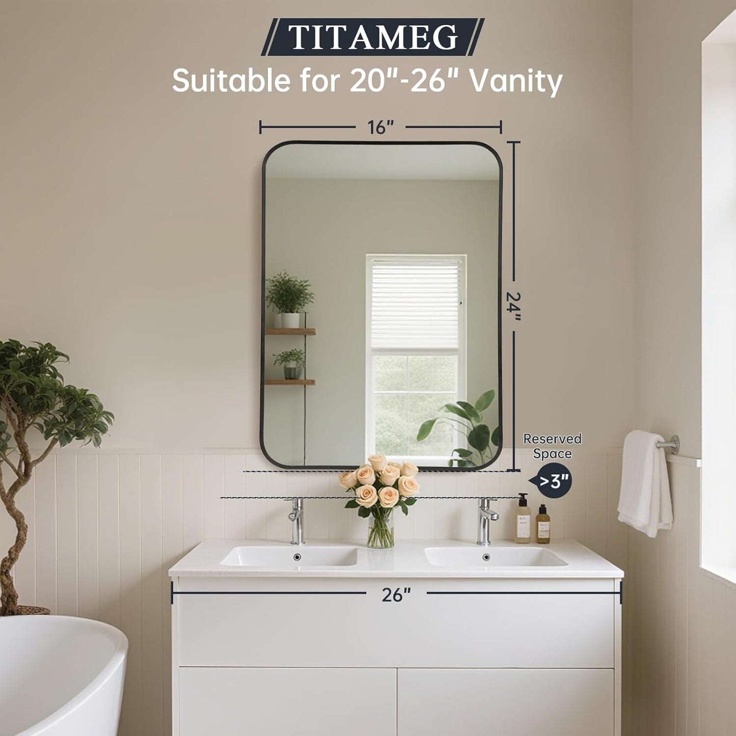 16x24 Inch Bathroom Mirror for Wall,Matte Black Framed Rectangle Mirror with Rounded Corner,Aluminum Alloy Framed Brushed Wall Mirror for Bedroom or Living Room,Vertical or Horizontal