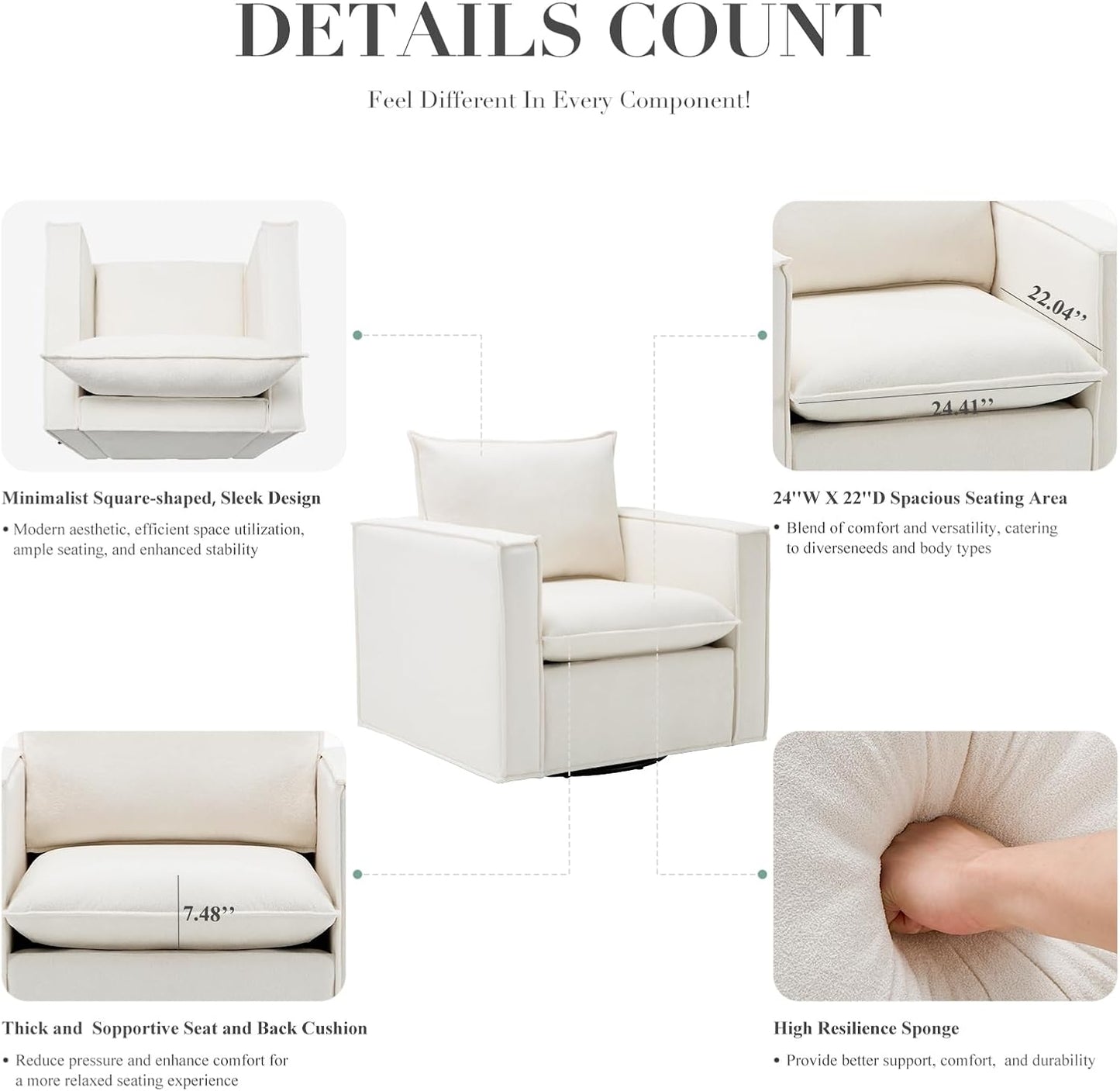 Swivel Accent Chair, 34 Inches Wide Upholstered Arm Chair with Plump Back Pillow, Modern Sofa Living Room Chair for Bedroom, Corner, Reading Nook-Beige