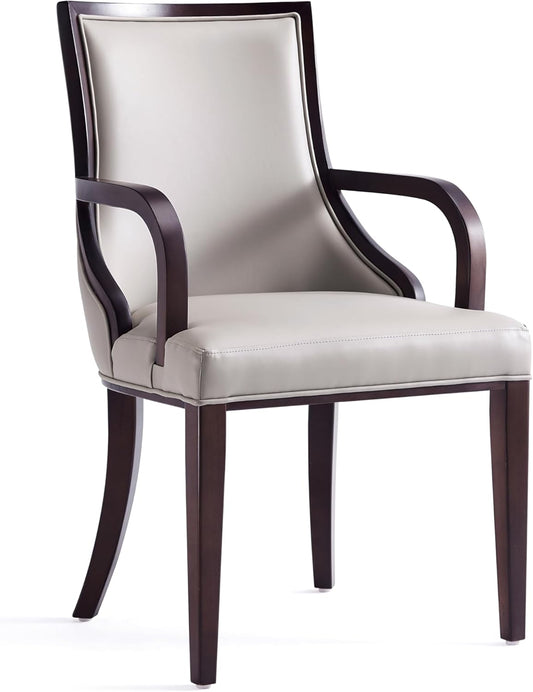 Manhattan Comfort Grand Faux Leather Dining Chair with Arms, Padded Wingback Seat, Fine Rectangular Stitching and Solid Wood Frame, Set of 1, Light Grey