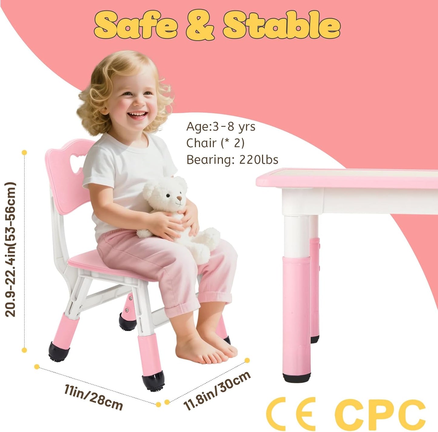 FUNLIO Adjustable Kids Chair (2pcs), 3 Level Height Adjustable Toddler Chair for Ages 3-8, Sturdy Child Chair with Maximum Bearing 220lbs, for Classrooms/Daycares/Homes, CPC & CE Approved - Pink