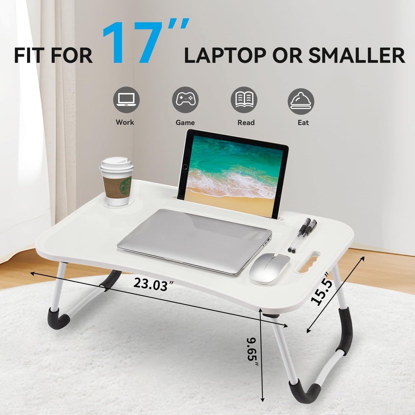 BUYIFY Folding Lap Desk, 23 Inch Portable Wood White Laptop Bed Desk Lap Desk with Cup Holder, for Working Reading Writing, Eating, Watching Movies for Bed Sofa Couch Floor