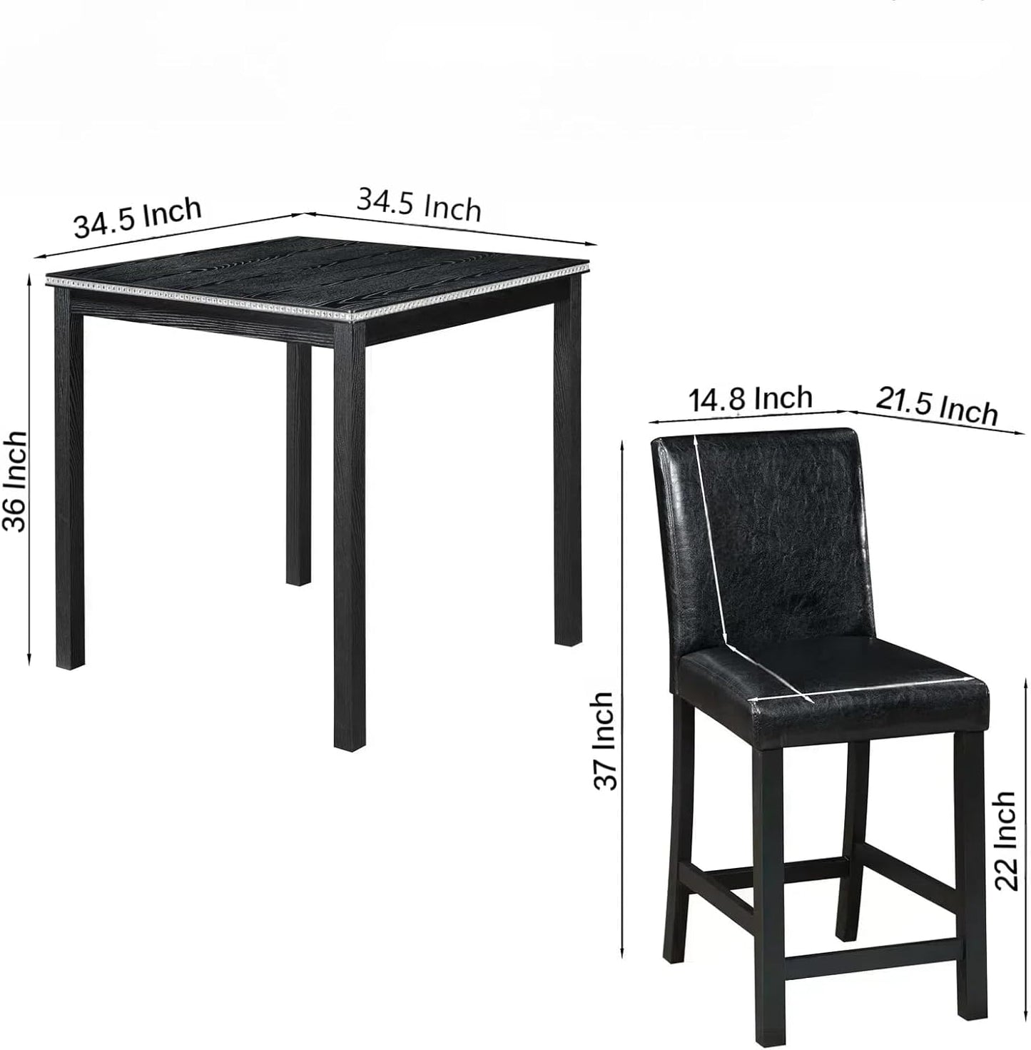 5PCS Wooden Counter Height Table Set, Square Table and 4 Upholstered Chairs, Dining Table with Crystal Decoration, for Kitchen, Dining Room,Black