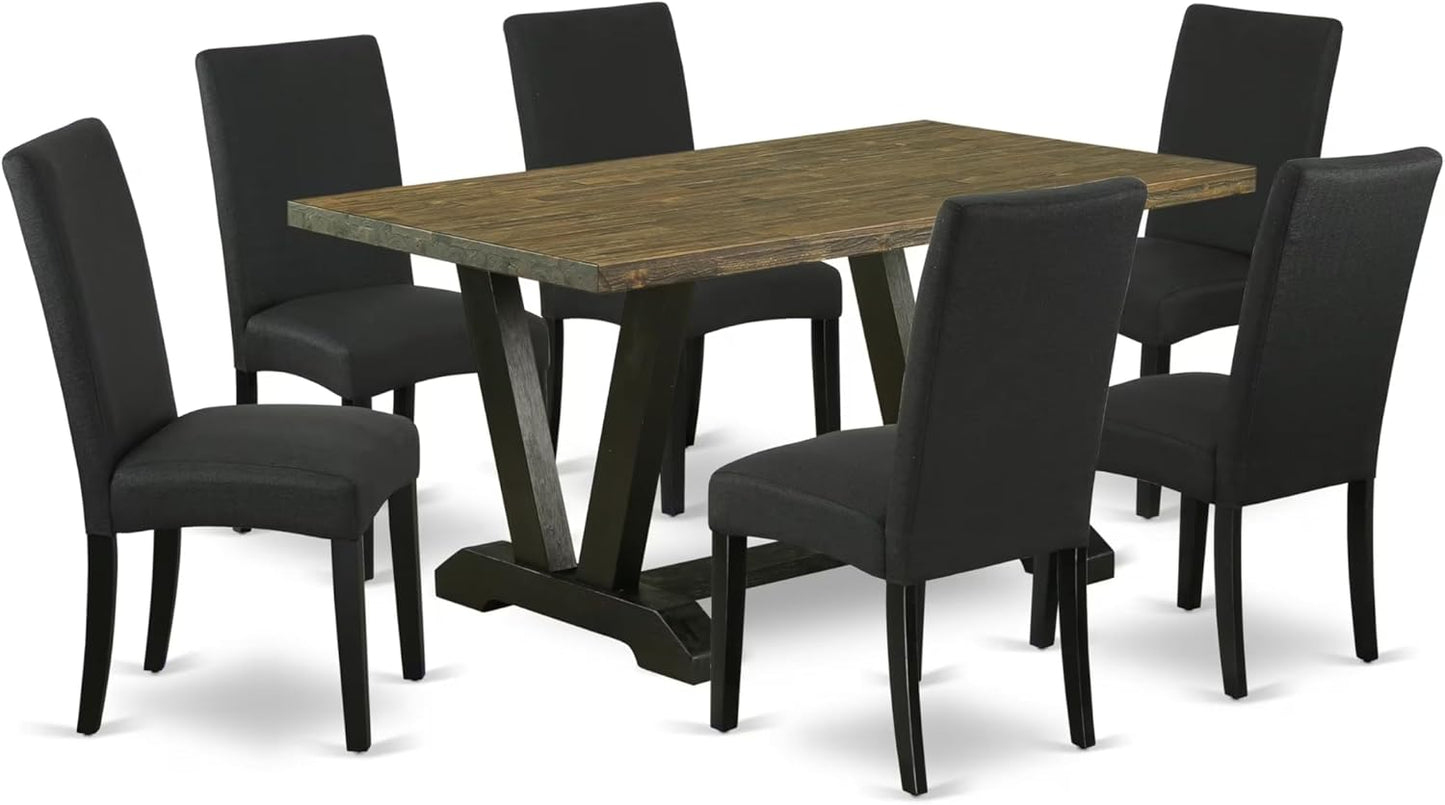 East West Furniture V676DR124-7 7 Piece Dining Room Table Set Consist of a Rectangle Dining Table with V-Legs and 6 Black Color Linen Fabric Upholstered Chairs, 36x60 Inch, Multi-Color