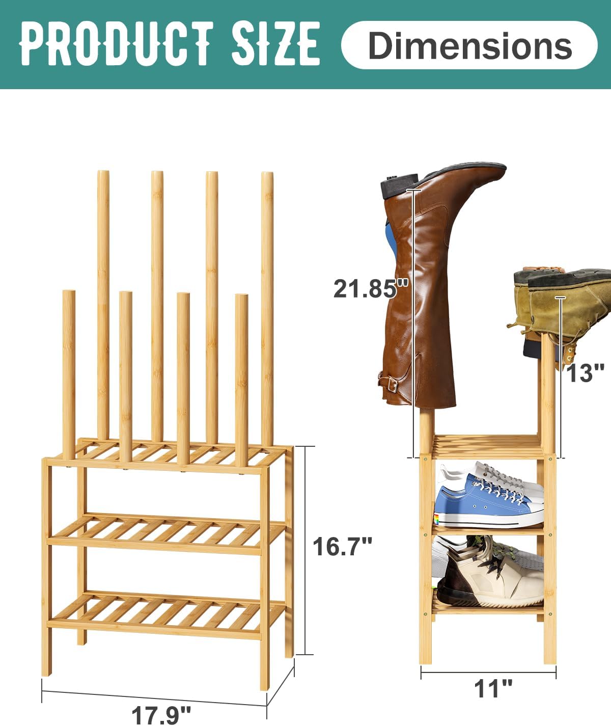 Small Boot Rack with Shoe Rack, Boot Rack Organizer Tall Boots for Closet, Bamboo Wood Shoe Shelf Storage Organizer for Entryway Small Space
