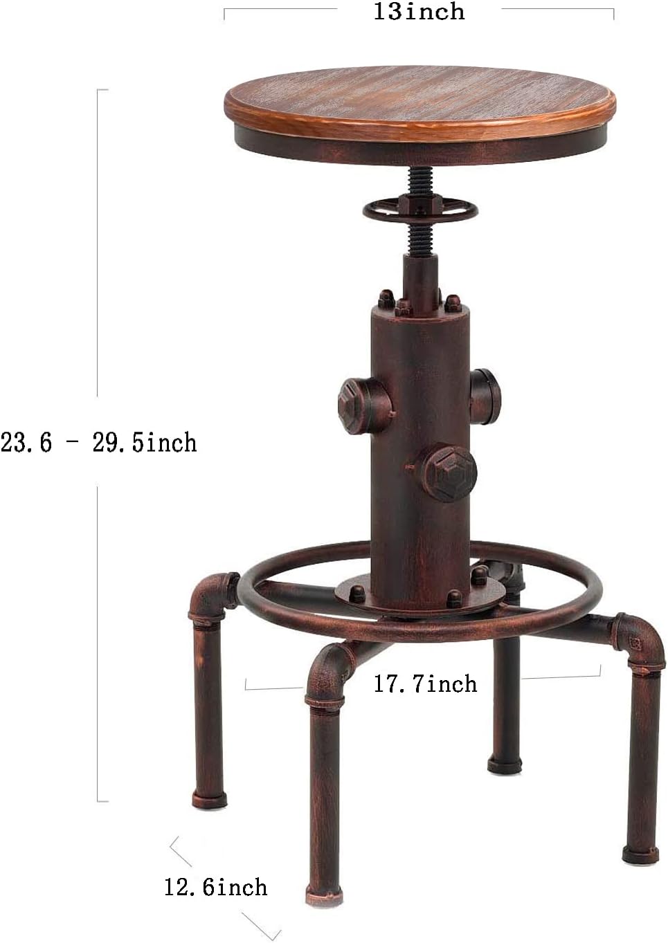 Topower Antique Vintage Industrial Barstool Solid Wood Water Pipe Fire Hydrant Design Cafe Coffee Industrial Bar Stool Set of 2 Red Bronze