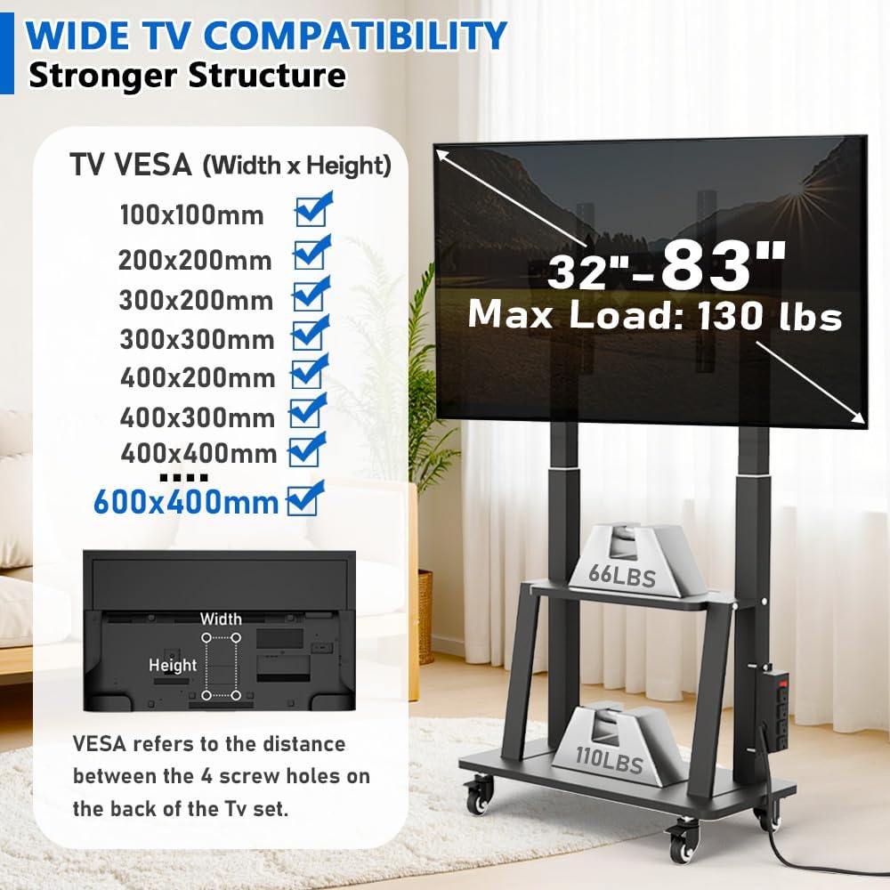 Mobile TV Cart with Power Outlet, Rolling TV Stand on Wheels for 32 to 65 70 75 83 inch TV, Height Adjustable,Holds up to 130LBS, Vesa 600×400mm.