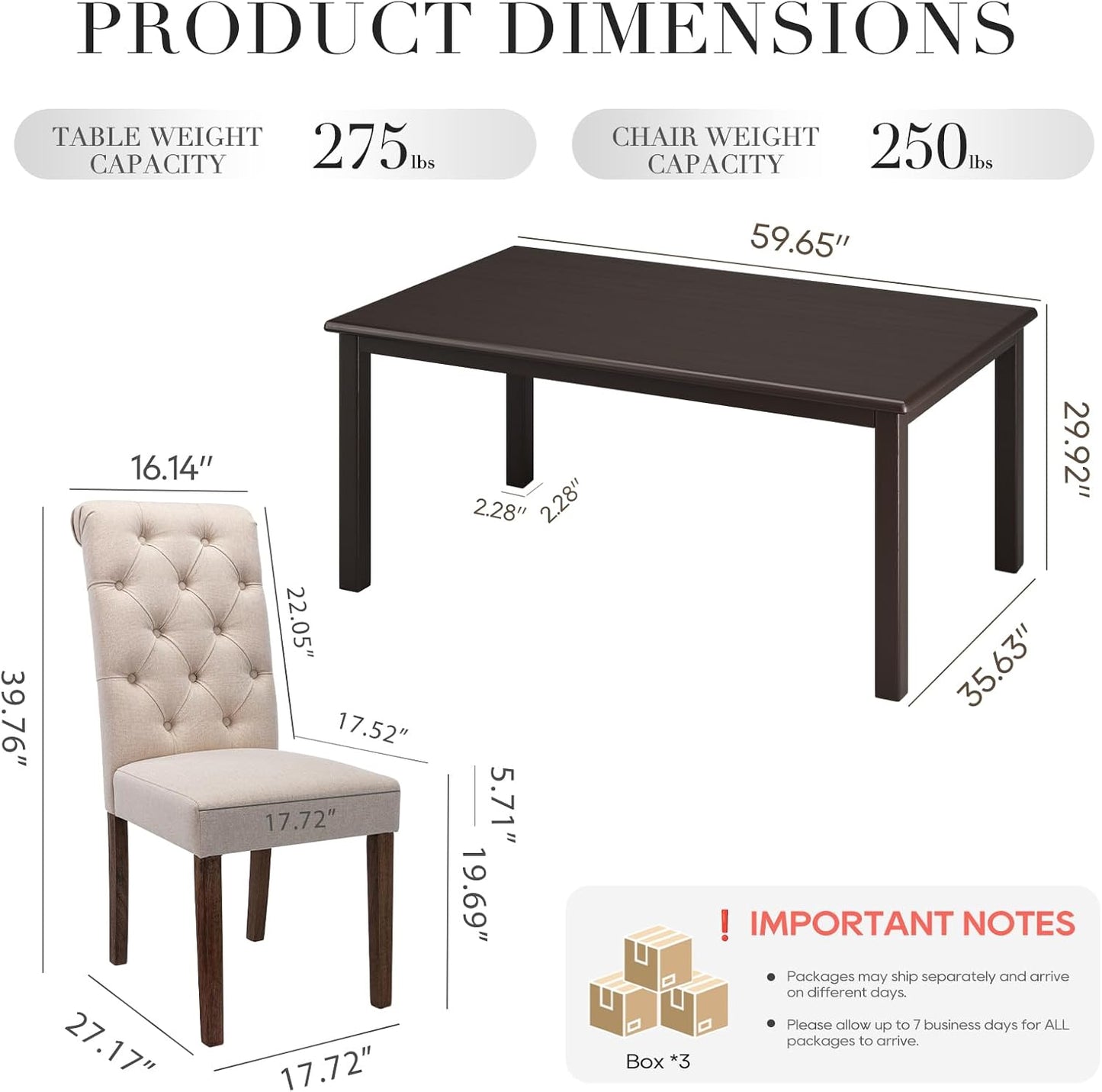 COLAMY 5-Piece Dining Table Set for 4, 60" Rectangular Farmhouse Kitchen Wood Table with 4 Tufted Dining Room Chairs, Brown/Beige