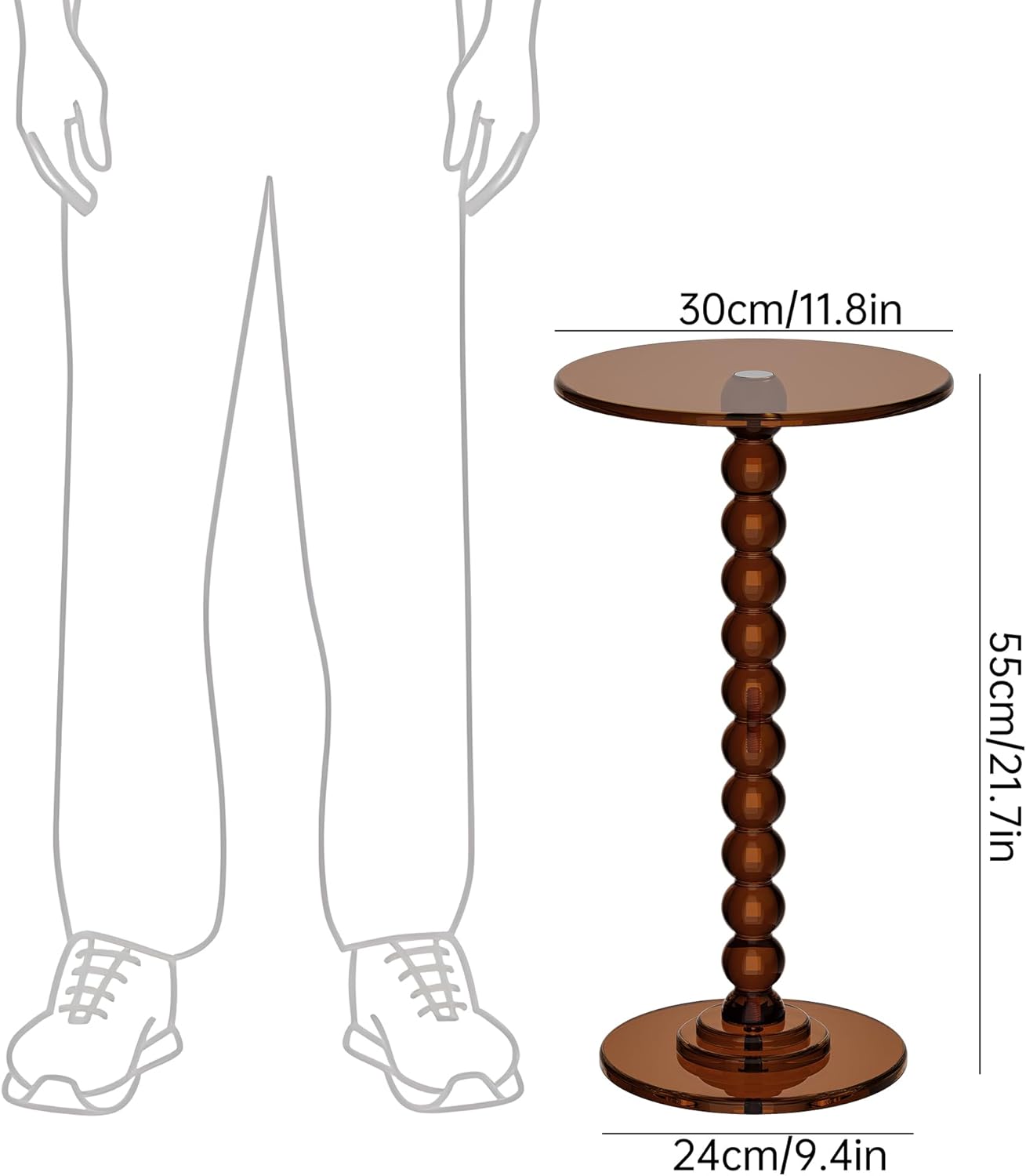 Acrylic Side Table, End Table Round Top with Solid Post for Living Room, Bedroom, Balcony, Easy Assembly (Clear) (Pedestal, Dark Brown)