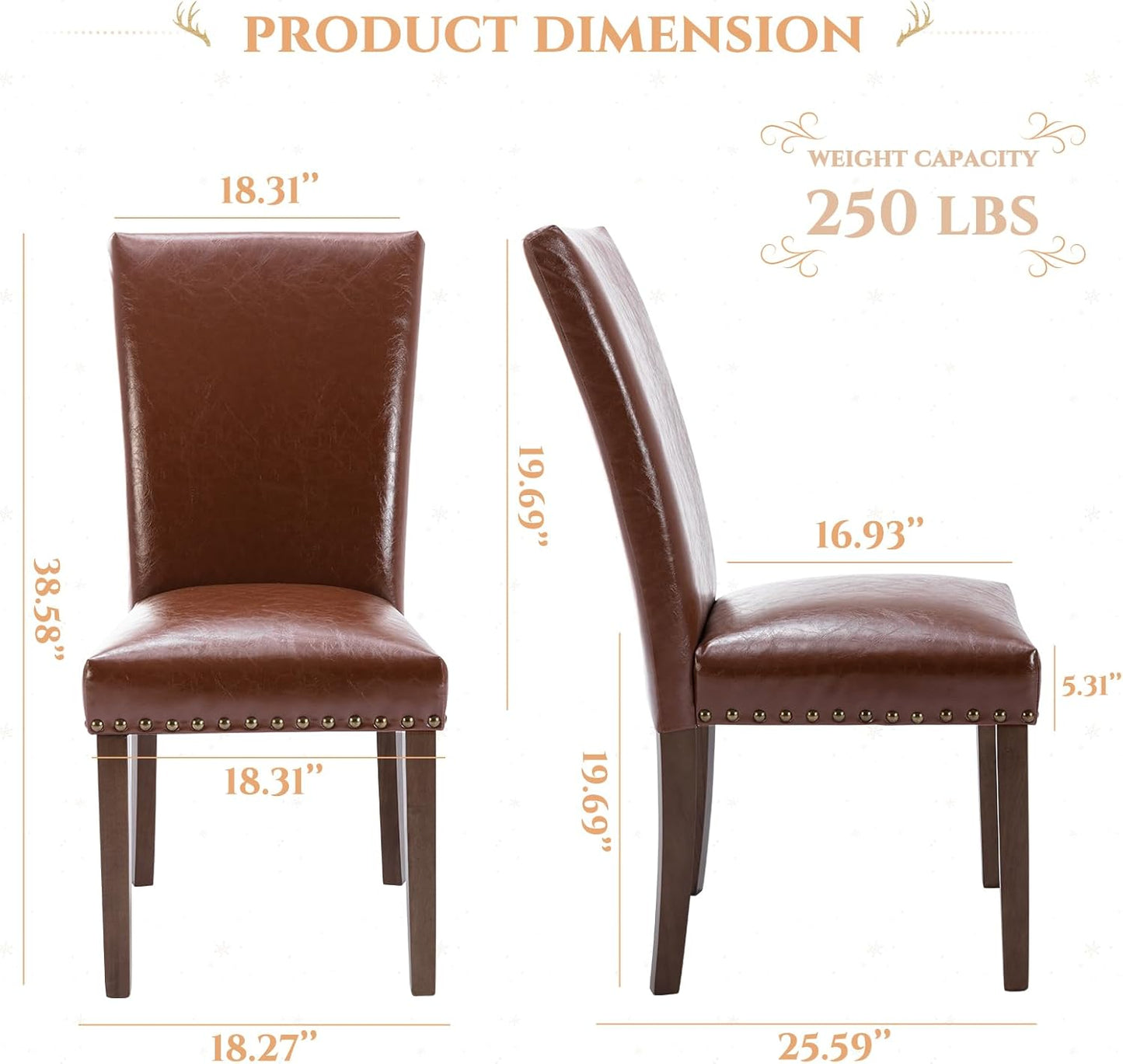 Parsons Dining Chairs Set of 2, Upholstered Nailhead PU Leather Dining Room Kitchen Side Chair with Thick Cushions and Wood Legs, Light Brown