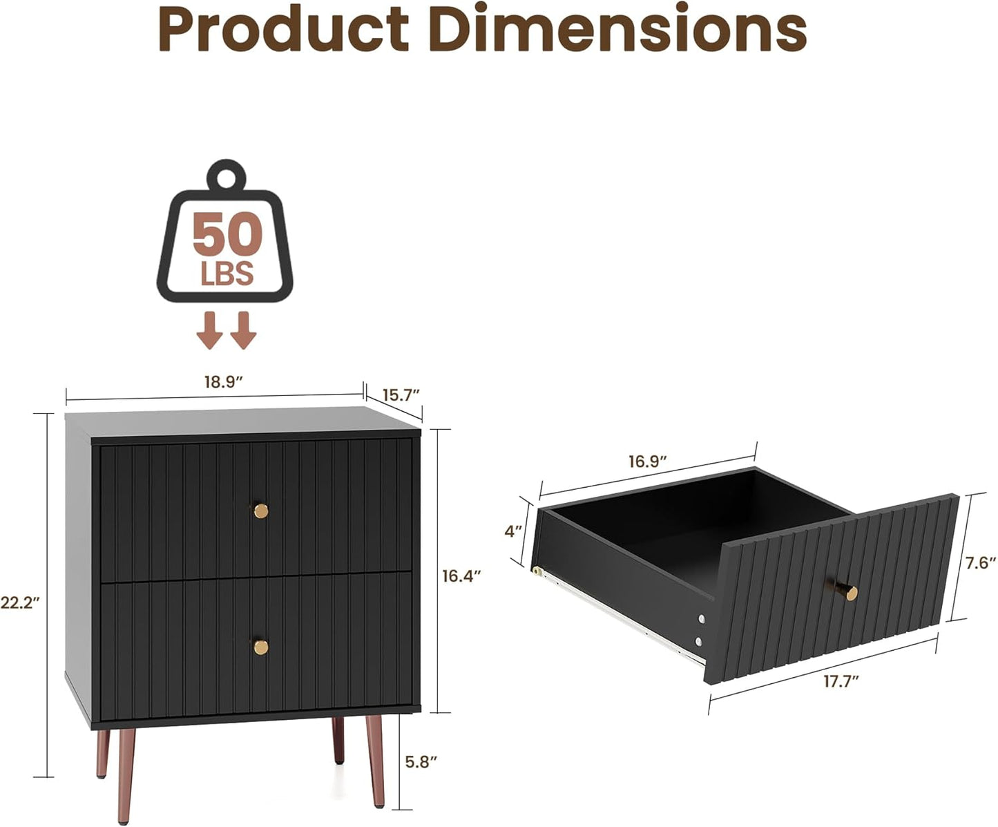 Black Night Stand Set 2,Fluted Nightstand with Door and Open Storage Space,Modern Bedside Table and Wood End Side Table with Golden Metal Legs and Handles for Bedroom,Black (Black, 2 Drawers)