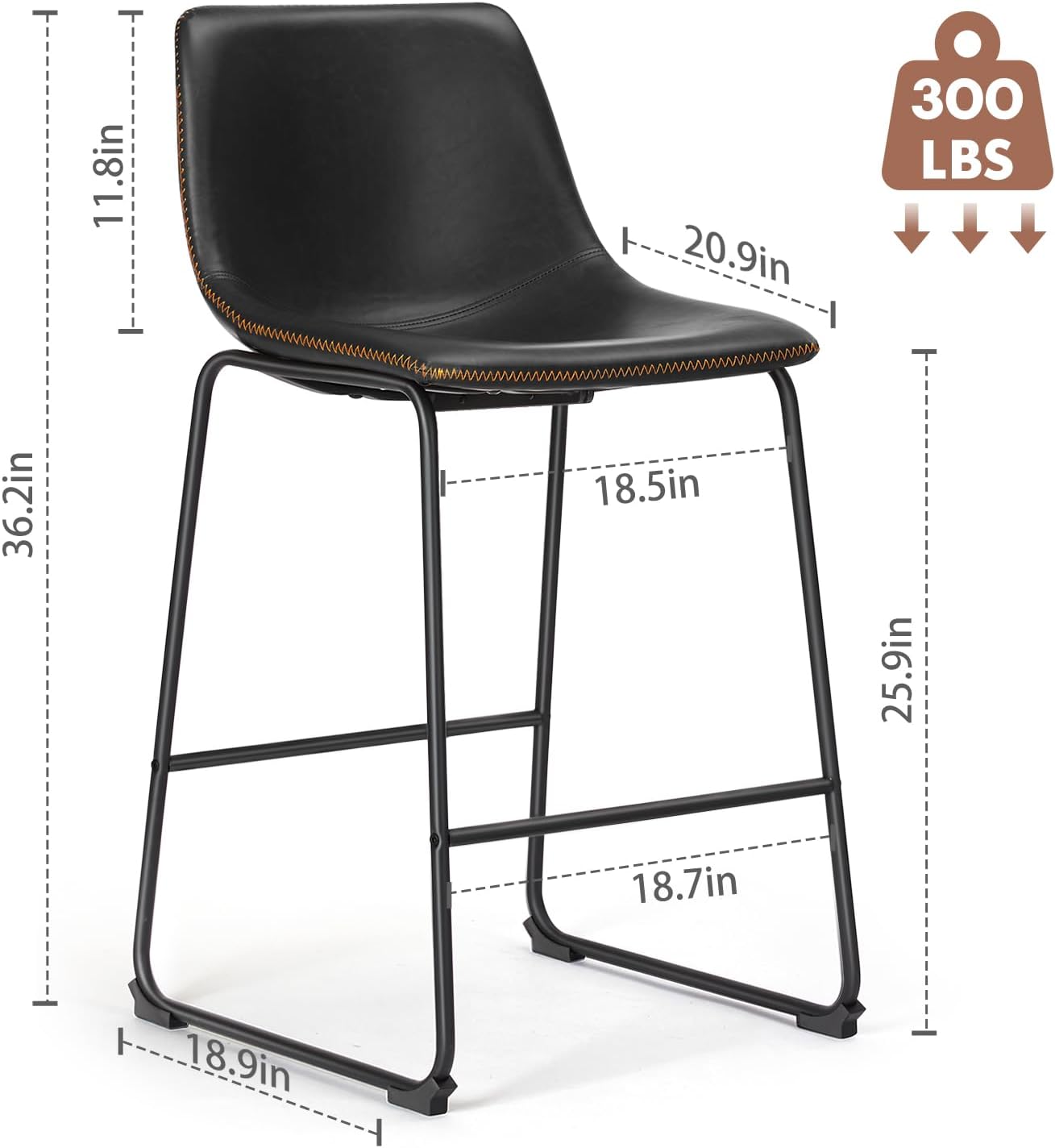 DUMOS 26 Inch Counter Height Bar Stools Set of 2, Modern Faux Leather High Barstools with Back and Metal Leg, Bar Chairs for Kitchen lsland, Elegant Black