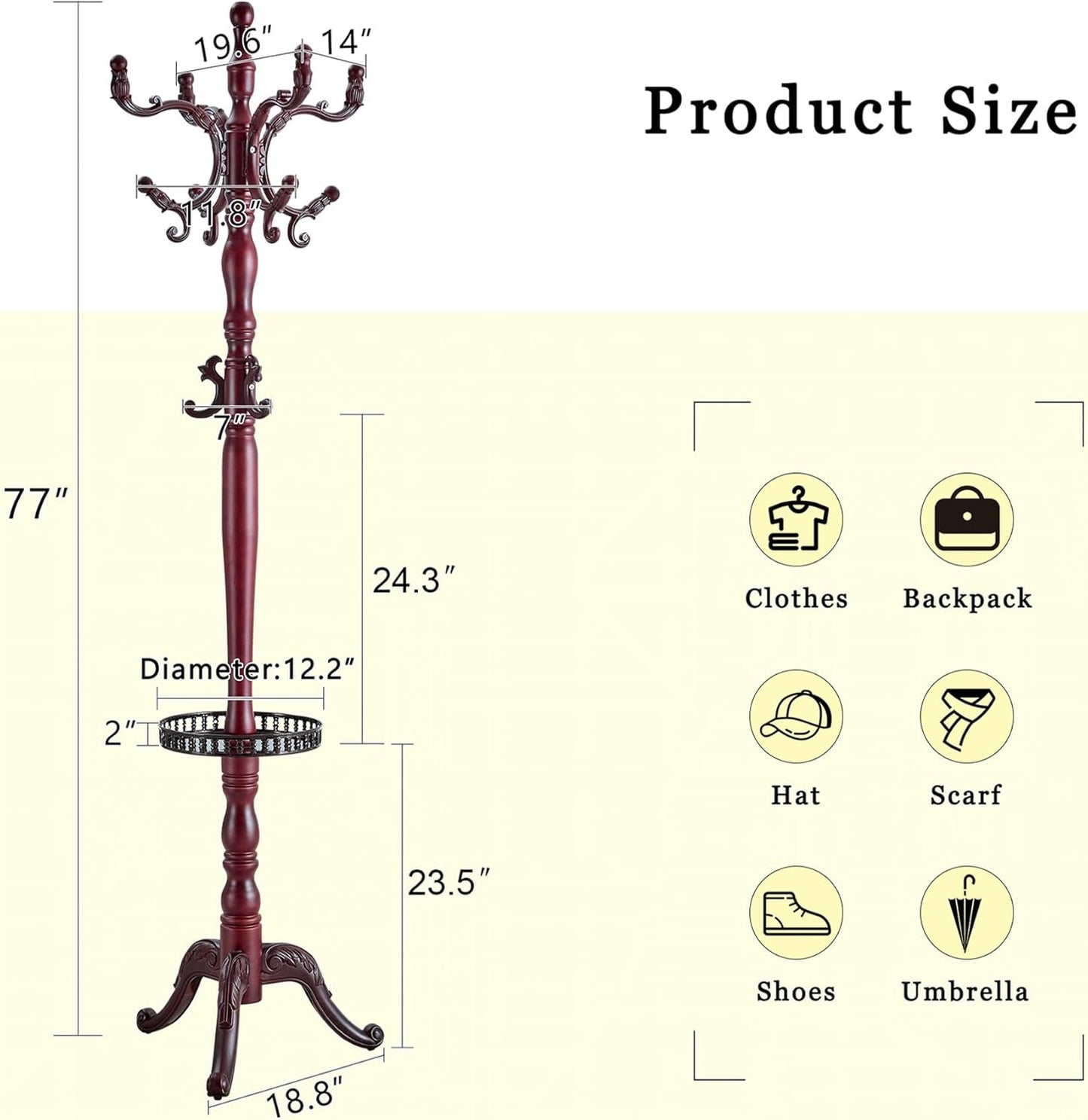 Solid Wood Coat Rack Freestanding, 77" Adjustable Hall Tree Hanger With Hooks, Coat Hanger Stand for Hanging Clothes Bags Hats in Living Room Bedroom