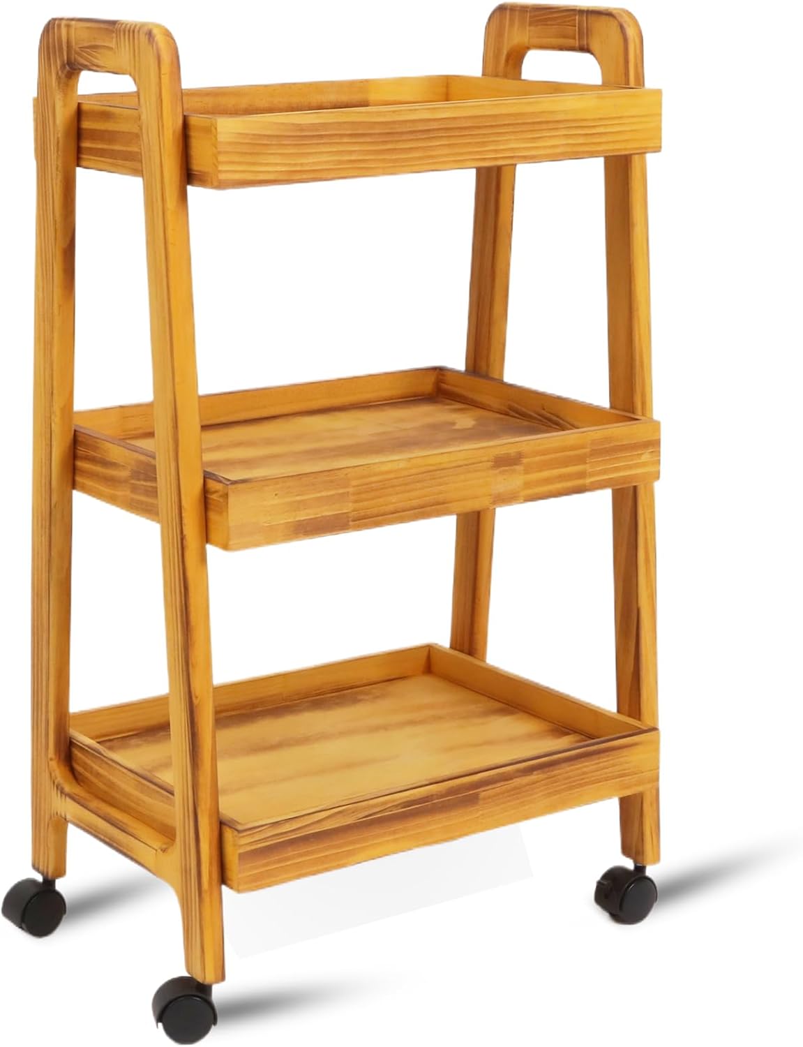 3-Tiers Ladder Shelf with Wheels, Wooden Rolling Cart,Solid Pine Wood Ladder Shelf, Side End Table for Artist,Storage Cart Organizer for Kitchen,Classroom, Living Room, Bathroom (Retro Yellow)