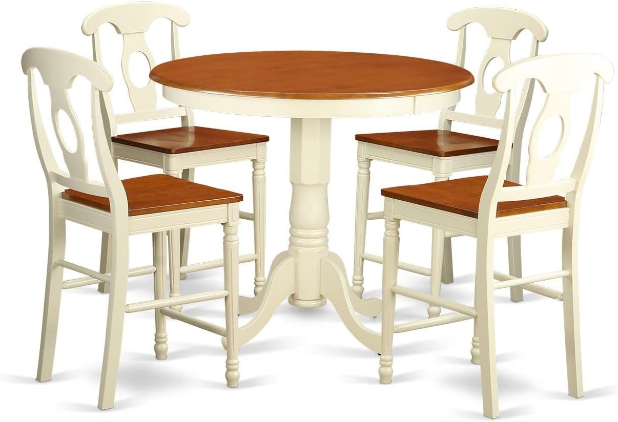 East West Furniture JAKE5-WHI-W 5 Piece Kitchen Counter Height Dining Table Set Includes a Round Wooden Table with Pedestal and 4 Dining Chairs, 36x36 Inch, Buttermilk & Cherry