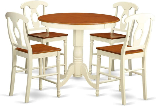 East West Furniture JAKE5-WHI-W 5 Piece Kitchen Counter Height Dining Table Set Includes a Round Wooden Table with Pedestal and 4 Dining Chairs, 36x36 Inch, Buttermilk & Cherry
