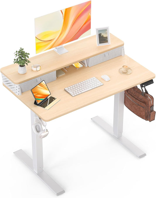 Small Standing Desk with Drawers and Brushless Motor,Electric Sit Stand Desk for Walking Pad,Ergonomic Stand Up Desk for Home Office & Gaming,3 Memory Height Preset & Hooks(40" x 24", Oak)