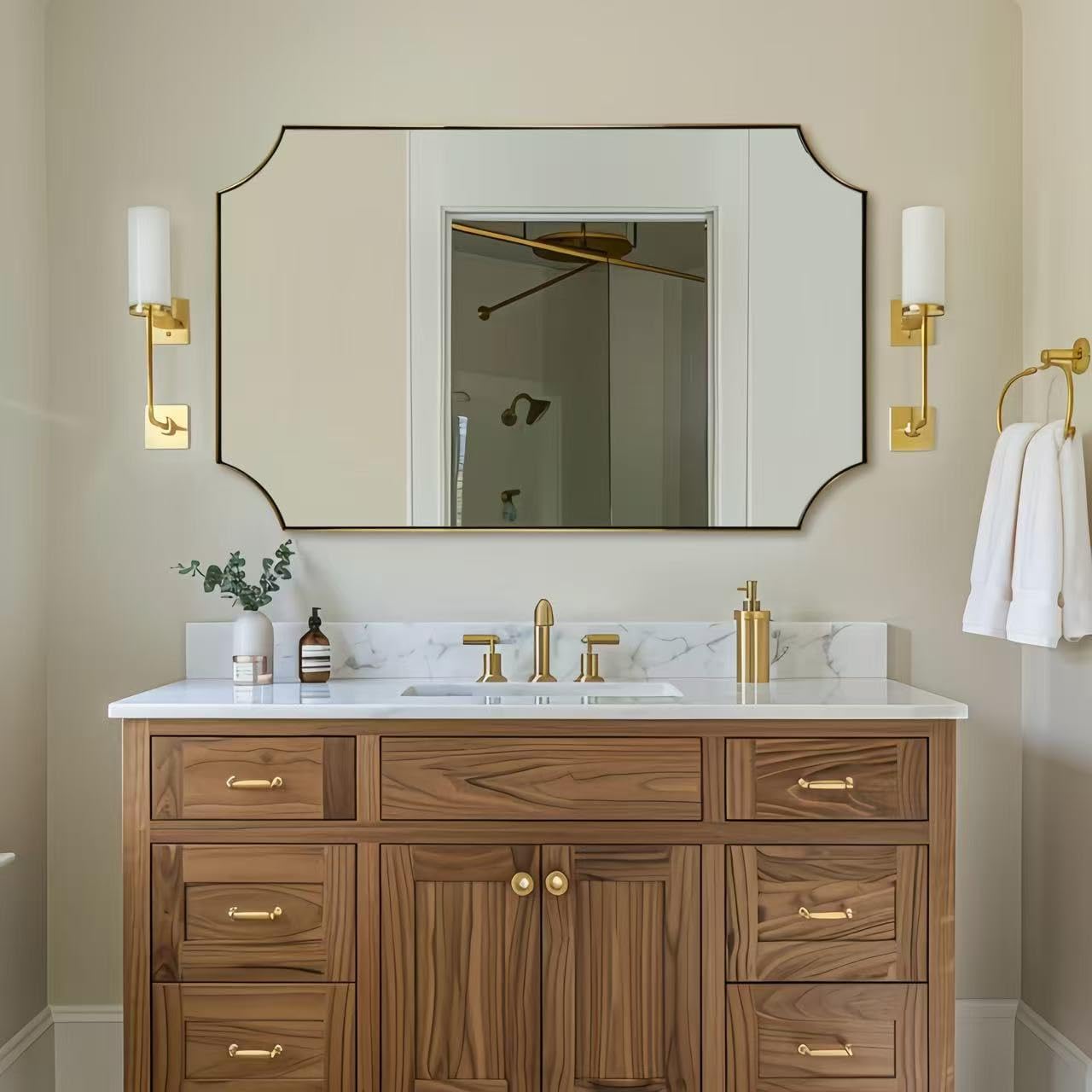 ANDY STAR 30x48 Inch Brushed Gold Mirror, Unique Rectangle Mirror for Bathroom, Large Scalloped Bathroom Mirror with Rust-Proof Stainless Steel 1" Frame, Hangs Vertically or Horizontally