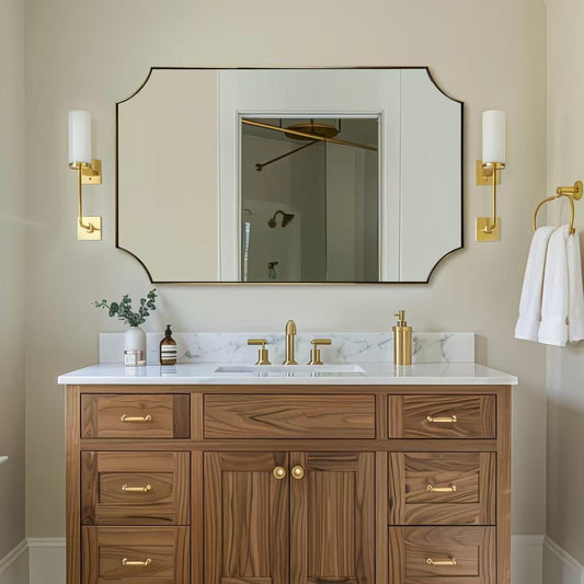 ANDY STAR 30x48 Inch Brushed Gold Mirror, Unique Rectangle Mirror for Bathroom, Large Scalloped Bathroom Mirror with Rust-Proof Stainless Steel 1" Frame, Hangs Vertically or Horizontally