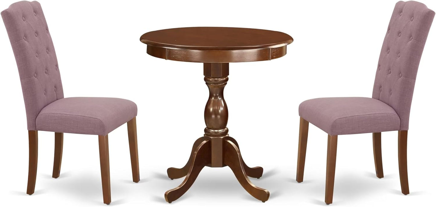 East West Furniture ESCE3-MAH-10 3 Piece Kitchen Table Set Contains a Round Dining Room Table with Pedestal and 2 Dahlia Linen Fabric Parsons Dining Chairs, 30x30 Inch, Mahogany
