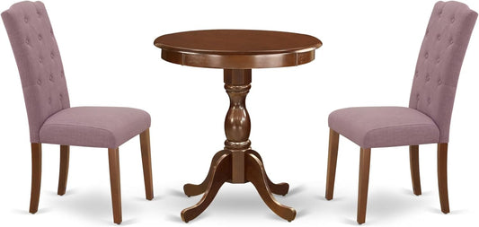 East West Furniture ESCE3-MAH-10 3 Piece Kitchen Table Set Contains a Round Dining Room Table with Pedestal and 2 Dahlia Linen Fabric Parsons Dining Chairs, 30x30 Inch, Mahogany