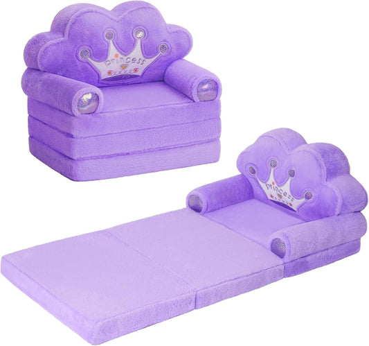 MOONBEEKI Toddler Chair Comfy，Foldable Princess Couch for Girl, Toddler Recliners for Kids Over 18 Months, Kids Sofa Bed Fold Out(Purple)