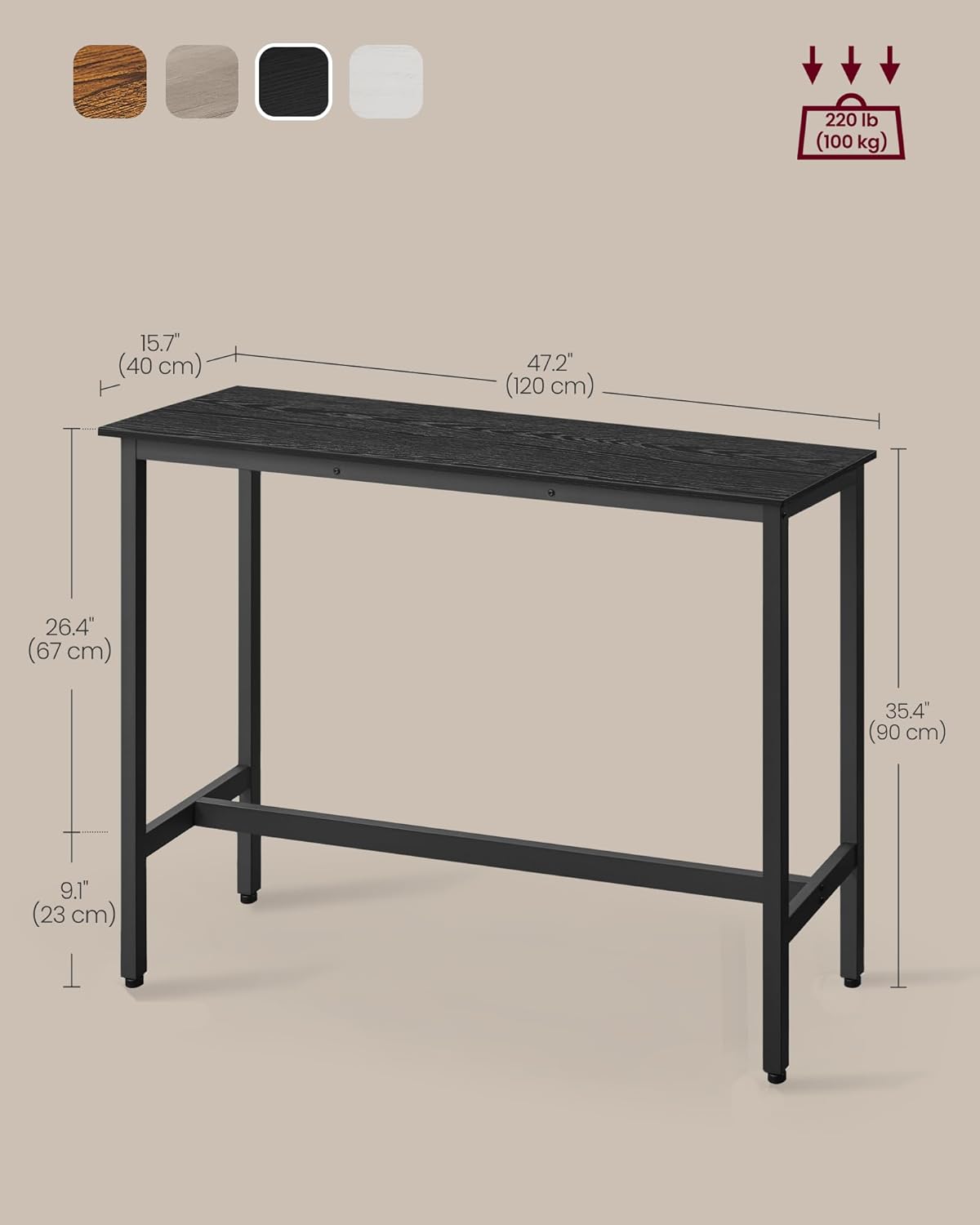 VASAGLE Bar Table, Narrow Long Kitchen Dining Table, Sturdy Metal Frame, Industrial, 15.7 x 47.2 x 35.4 Inches, Ebony Black and Ink Black ULBT120B56