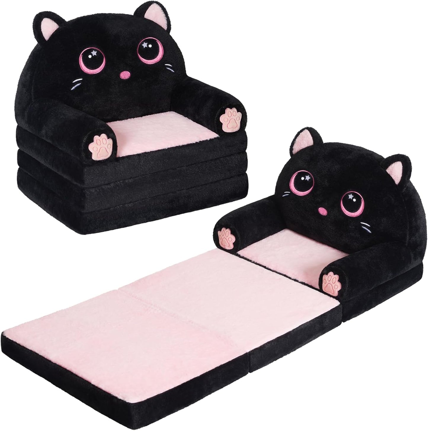 Kids Couch Fold Out, Velvet 2-in-1 Flip Open Couch for Toddlers, Comfy Toddler Chair for Reading and Napping, for Boys and Girls (Black & Pink Kitty)