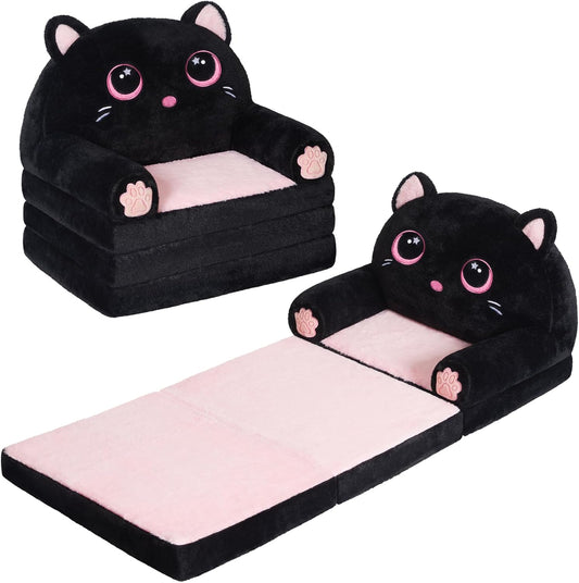 Kids Couch Fold Out, Velvet 2-in-1 Flip Open Couch for Toddlers, Comfy Toddler Chair for Reading and Napping, for Boys and Girls (Black & Pink Kitty)
