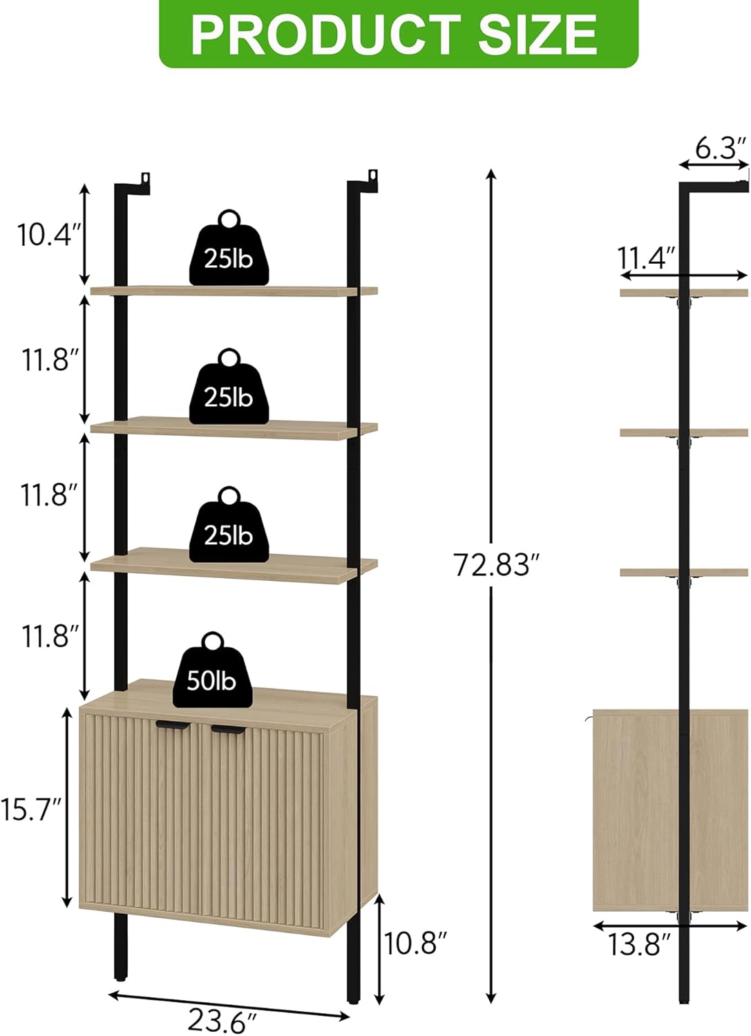 Yusong 73" Tall Bookshelf with Cabinet, Industrial Ladder Wall Mount Shelf Bookcase with Wood and Metal Frame, Plant Shelf Wall Storage Display for Living Room Bedroom, Wavy Light Ivory