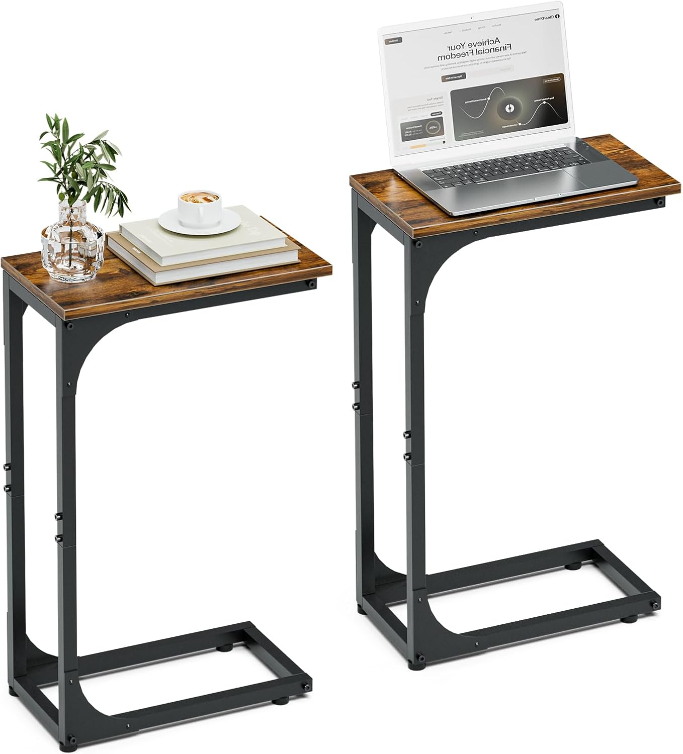 C-Shaped Side Table for Couch - Small Coffee Stand Sofa Tray Desk with Sturdy Metal Frame and Waterproof Scratch Resistant Wood Surface, Modern End Accent for Living Room, Bedroom,Rustic Brown