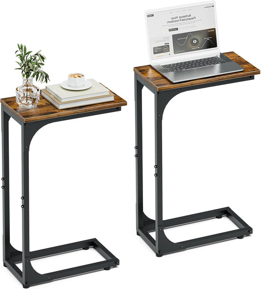 C-Shaped Side Table for Couch - Small Coffee Stand Sofa Tray Desk with Sturdy Metal Frame and Waterproof Scratch Resistant Wood Surface, Rustic Brown