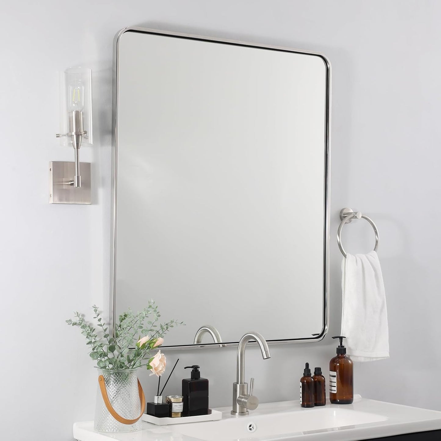 ANDY STAR Chrome Bathroom Mirror, 30x36’’ Rounded Rectangle Mirror Polished Silver Bathroom Vanity Mirror Metal Framed, SUS304-Anti-Rust, Tube Frame, Wall-Mounted Horizontal/Vertical 1’’ Deep