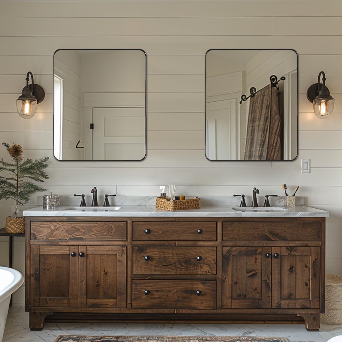 ANDY STAR Bronze Mirror for Wall, 30x36” Rounded Rectangle Bathroom Mirror, Modern Stainless Steel Metal Frame for Vanity