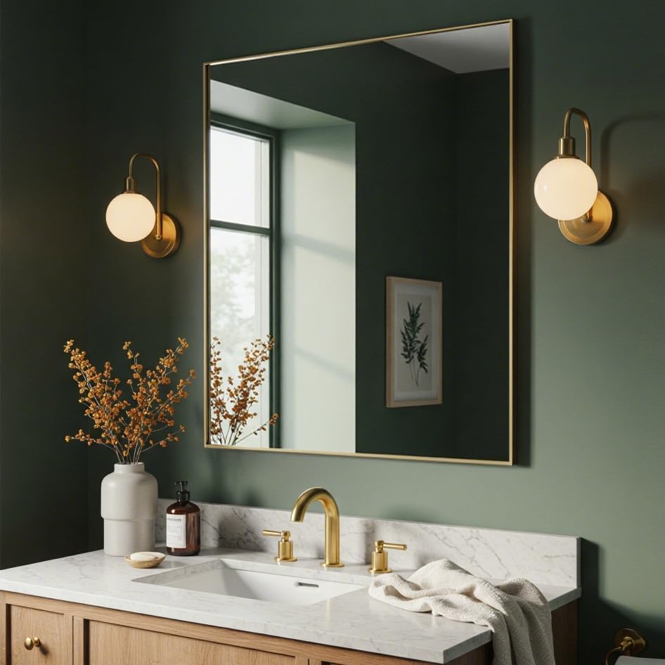 30x40 Inch Gold Bathroom Mirror - Copper-Free Mirror, Aluminum Alloy Frame Vanity Rectangle Wall Mounted Modern Mirror for Bedroom/Living Room/Porch Horizontal or Vertical