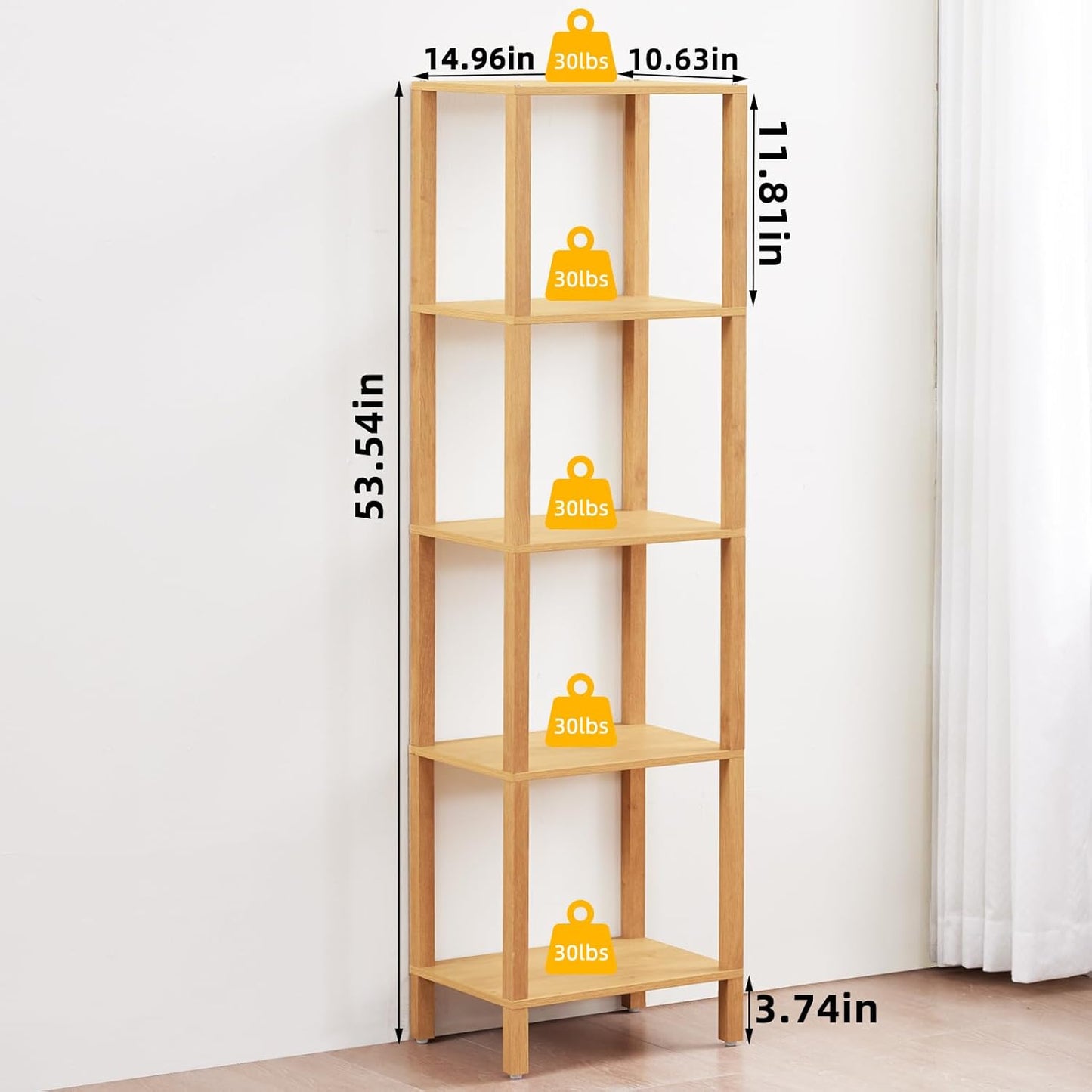 54in Tall Bookshelf 5-Tier Small Narrow Bookcase, Skinny Book Shelf for Small Space, Farmhouse Slim Shelf with Storage, Wood Freestanding Display Thin Bookshelves for Living Room, Natural